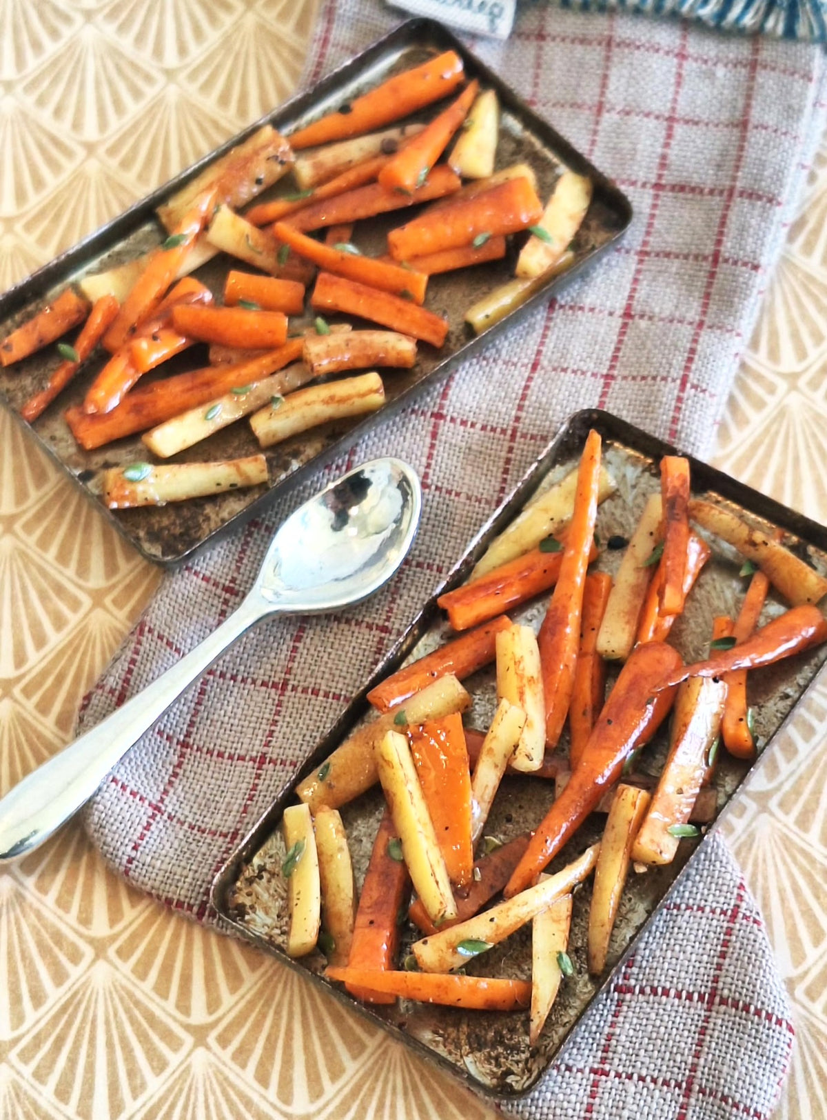Honey roasted Carrot and Parsnips (with metal serving spoon)