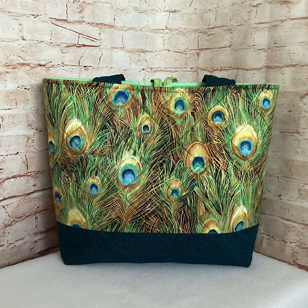 Peacock Feathers handbag, tote, shoulder bag for shopping, travel or craft.