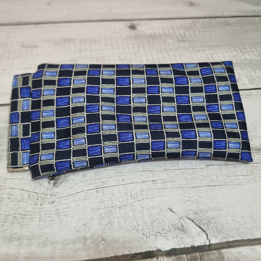Flex frame glasses pouch, upcycled tie - cobalt, navy pattern