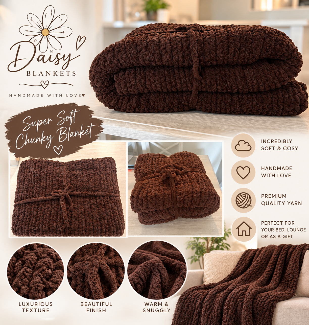 Handmade Chunky King Brown Blanket