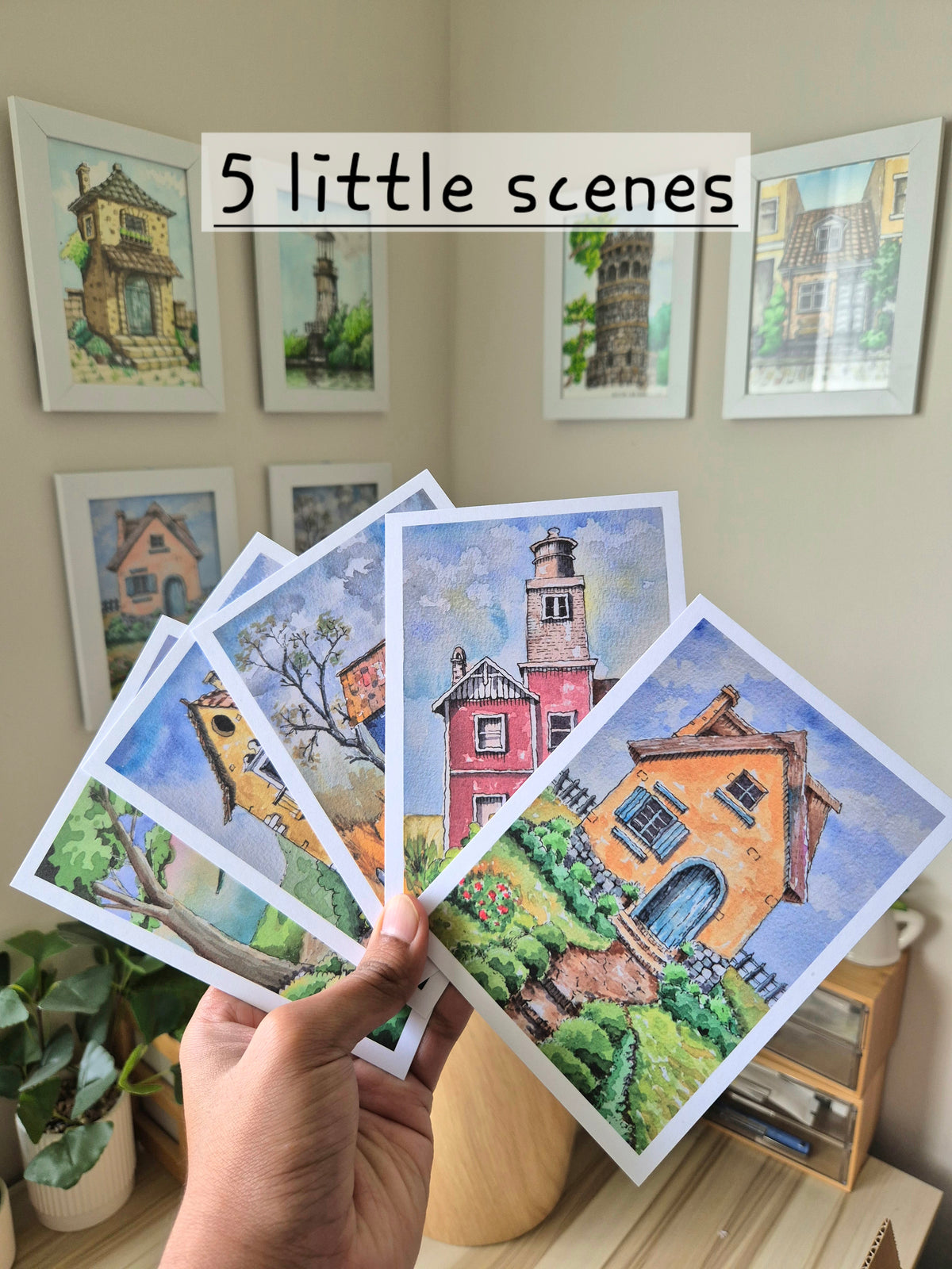 Set of 10 Mini Art Prints, A6 Whimsical Watercolour Houses, Hand Signed Art Cards