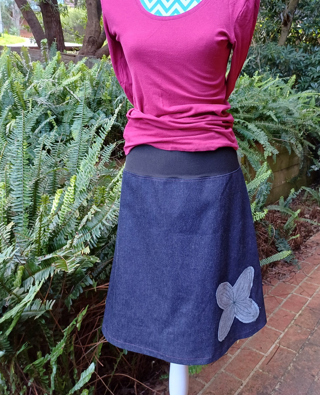 Denim Skirt with Applique Flower