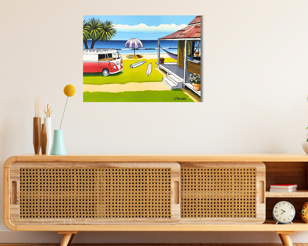 RED KOMBI ON THE BEACH original acrylic art painting