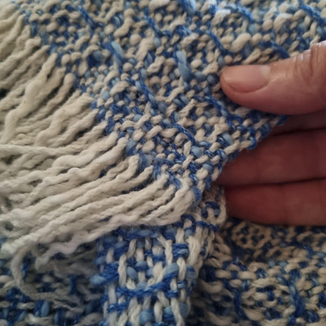 Cozy blue and white waffle-weave scarf