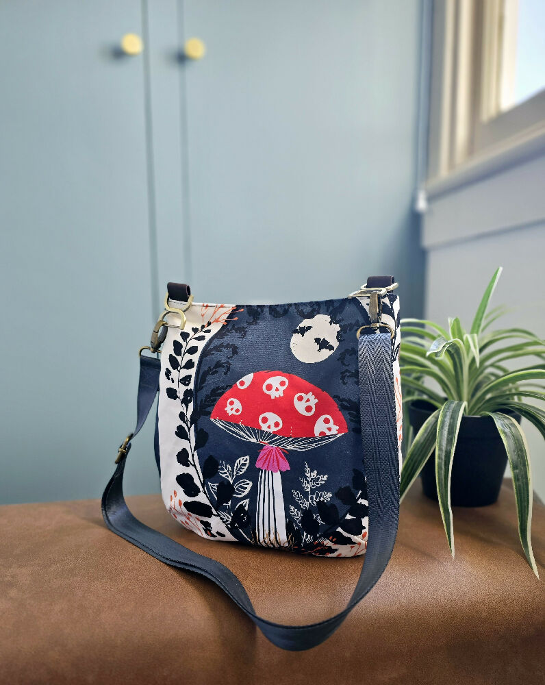 Mushroom crossbody bag. Whimsical. Waxed canvas bag.