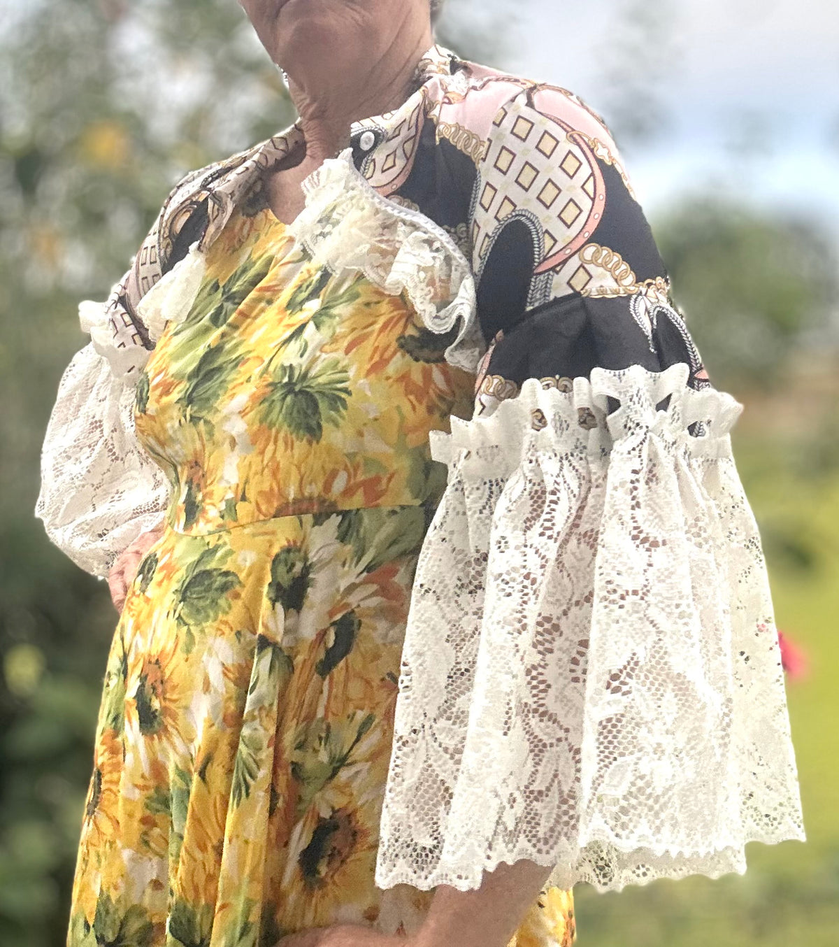 Upcycled Equestrian Patterned Bolero Cream Lace Sleeves