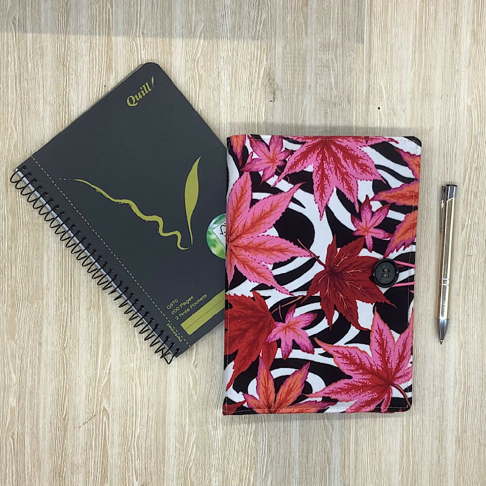 Pink Maple Leaves refillable A5 fabric notebook cover gift set - Incl. book and pen.