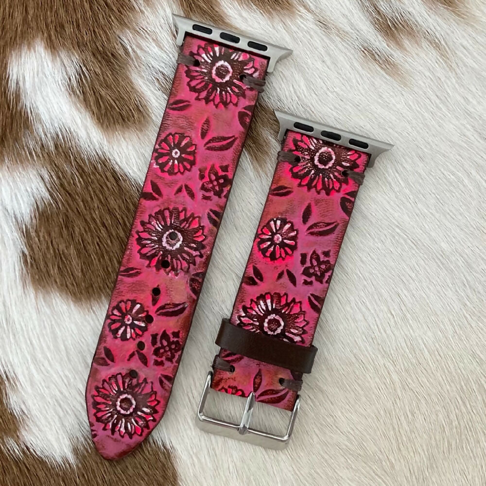 Leather Apple Watch Band - Pink Flowers