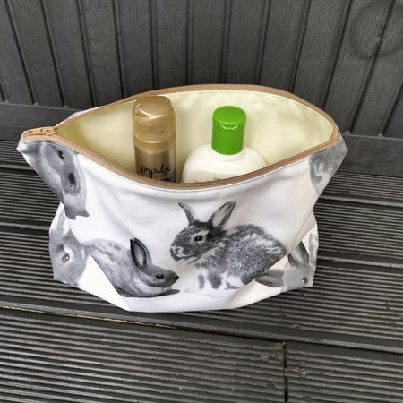 Rabbit print toiletry bag , makeup bag lined in cream cotton drill