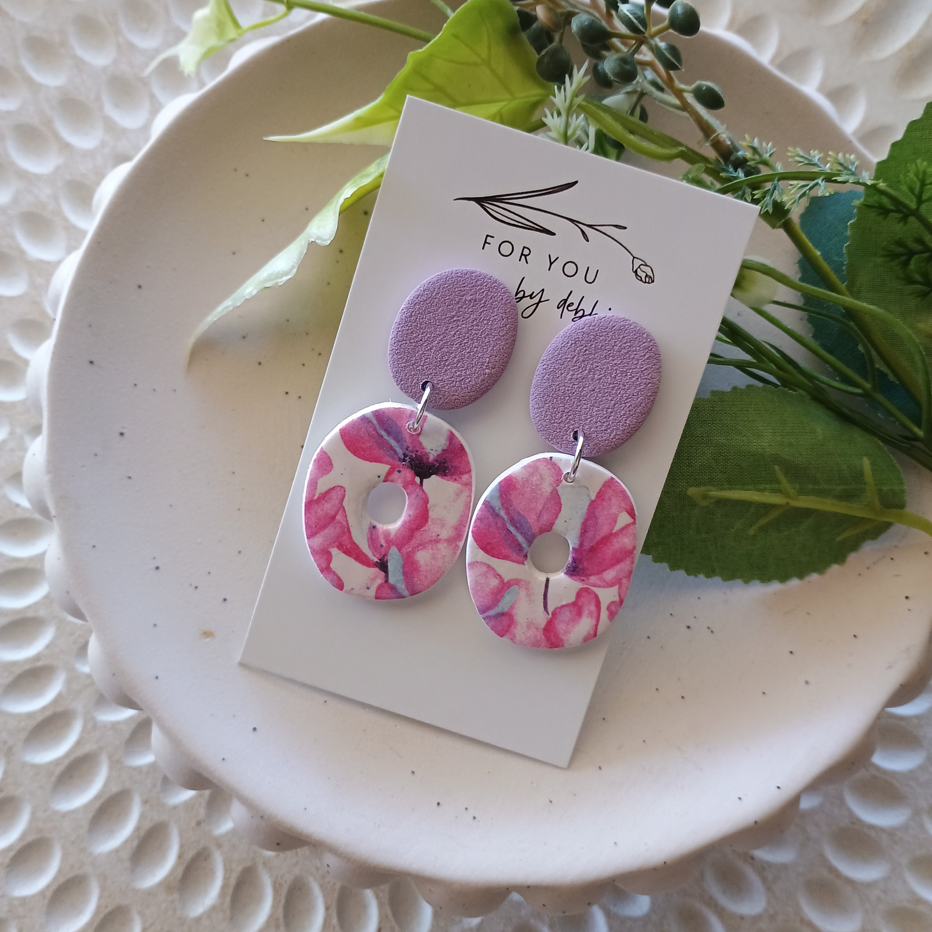 Lavender floral polymer clay earrings