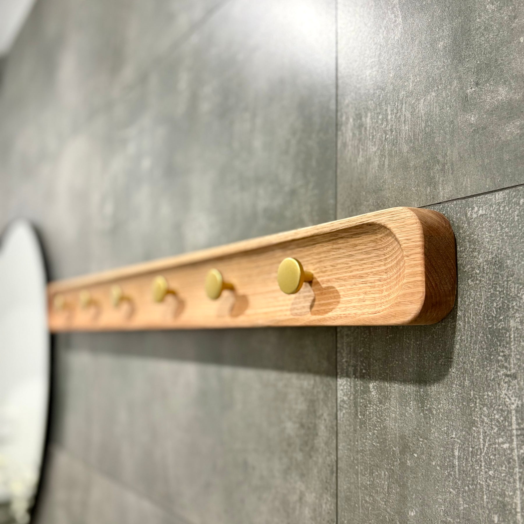 No.1 Tasmanian oak coat rack with gold hooks