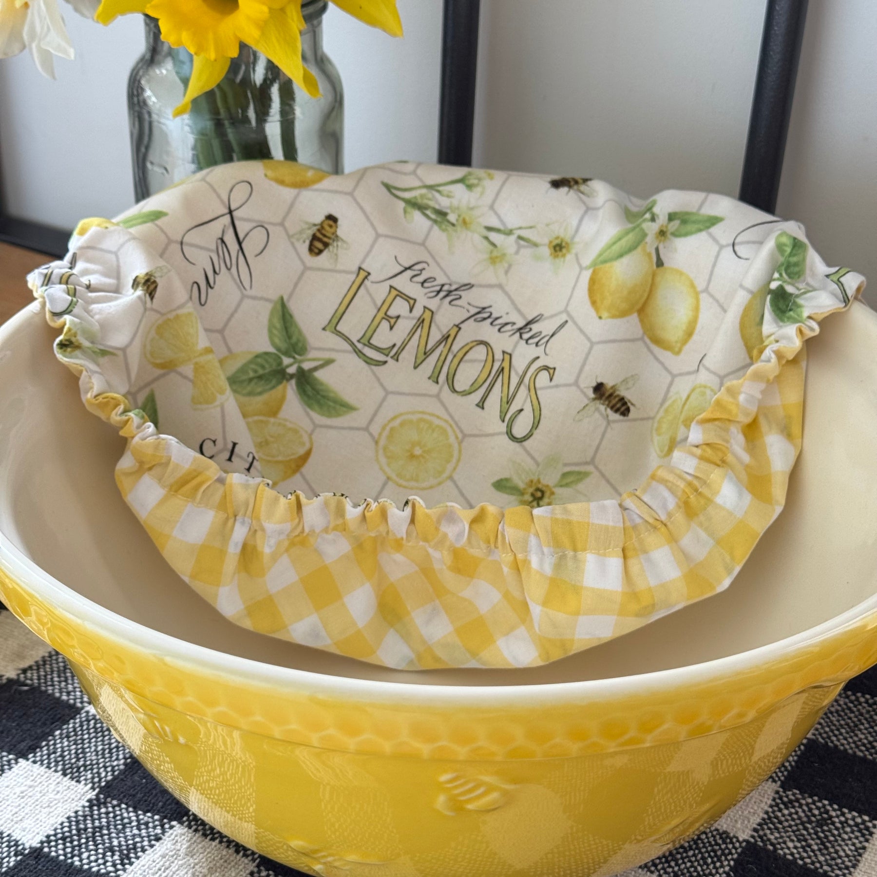 Fresh Picked Lemons Reversible Fabric Bowl Cover – Yellow Gingham – Handmade in Tasmania