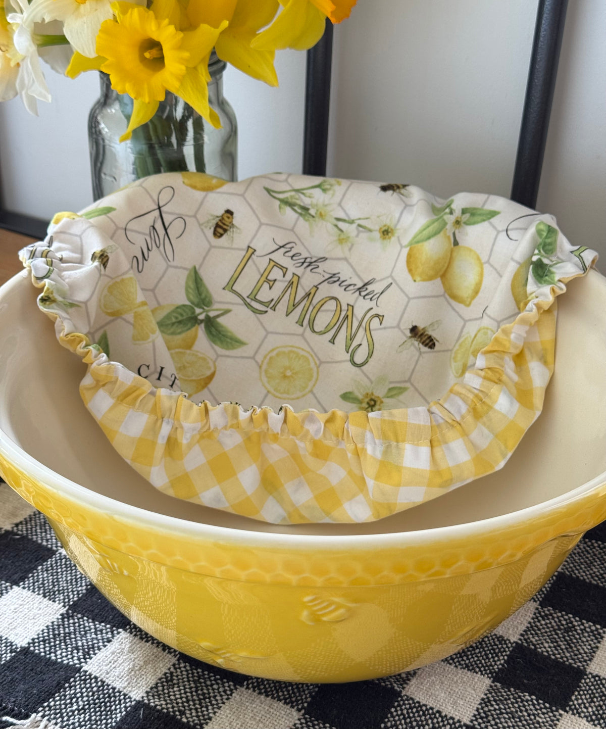 Fresh Picked Lemons Reversible Fabric Bowl Cover – Yellow Gingham – Handmade in Tasmania