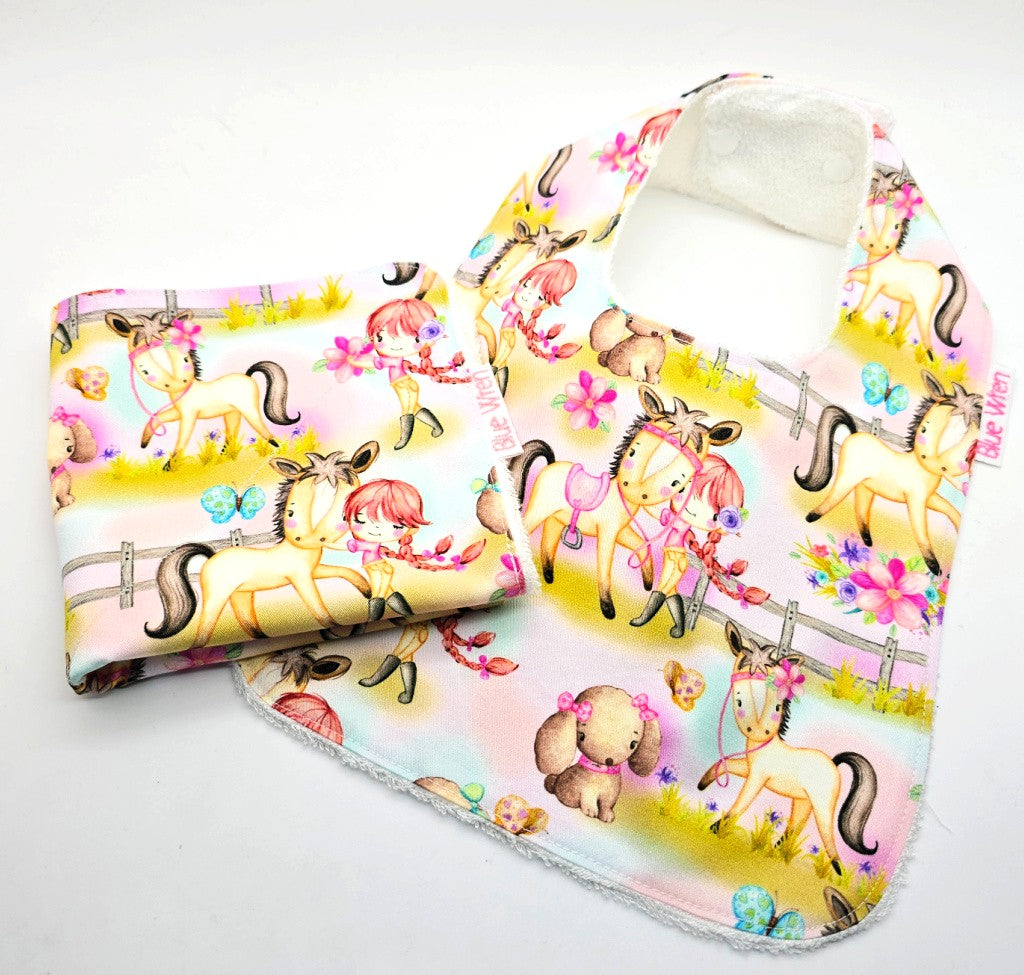 Baby Bib and Wash Cloth Pony Fabric Bundle Gift Set
