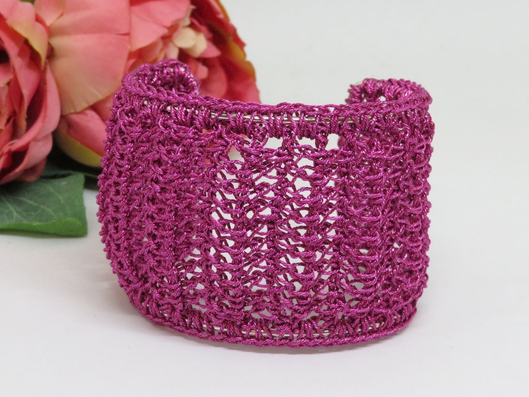 Magenta Bespoke Handmade Crochet Shimmer Thread Cuff Bracelet