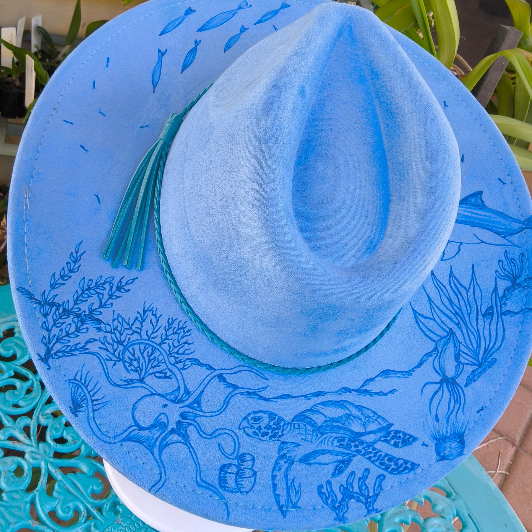 Hand burnt fedora hat : "Deep Blue Dream"