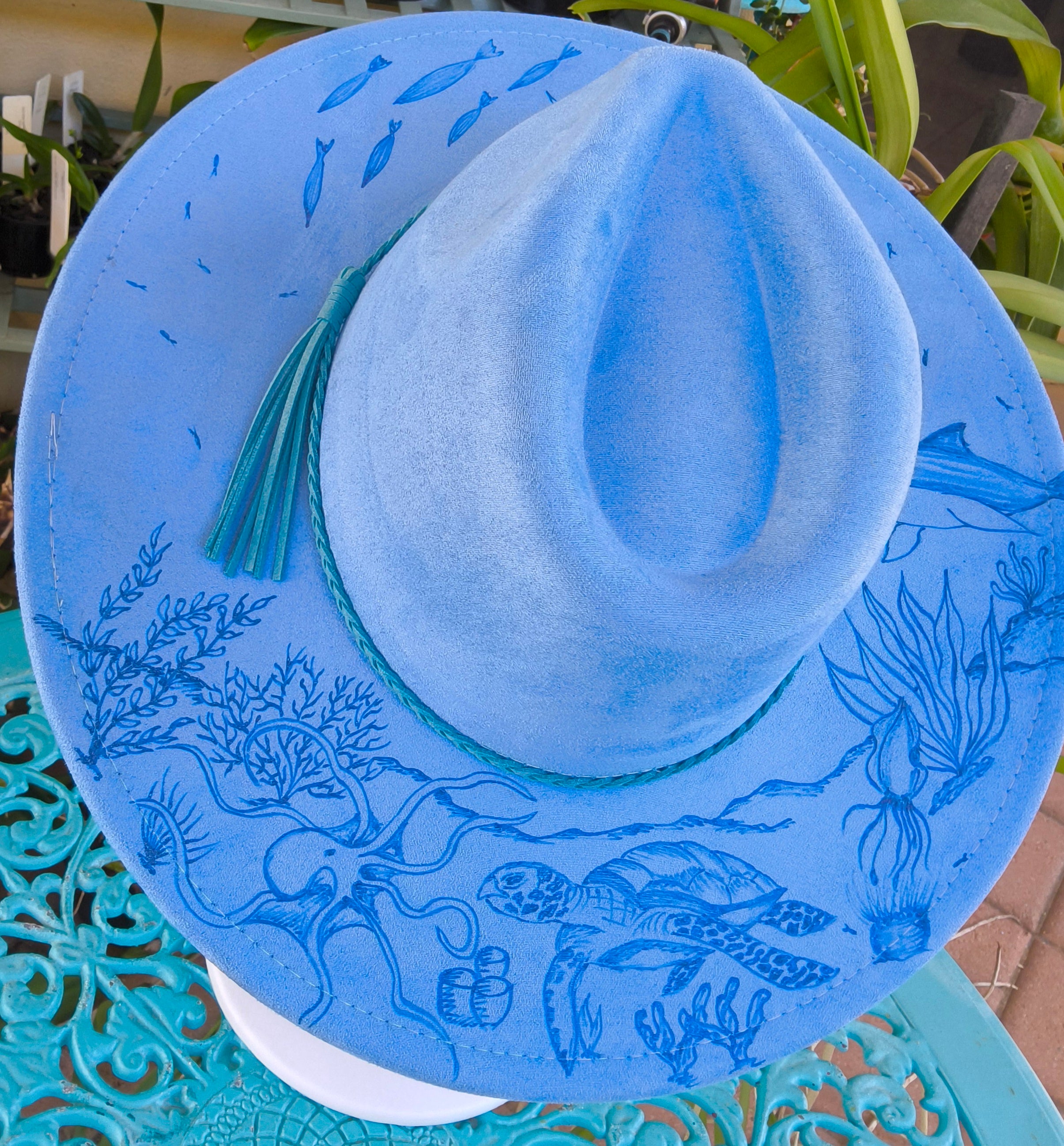 Hand burnt fedora hat : "Deep Blue Dream"