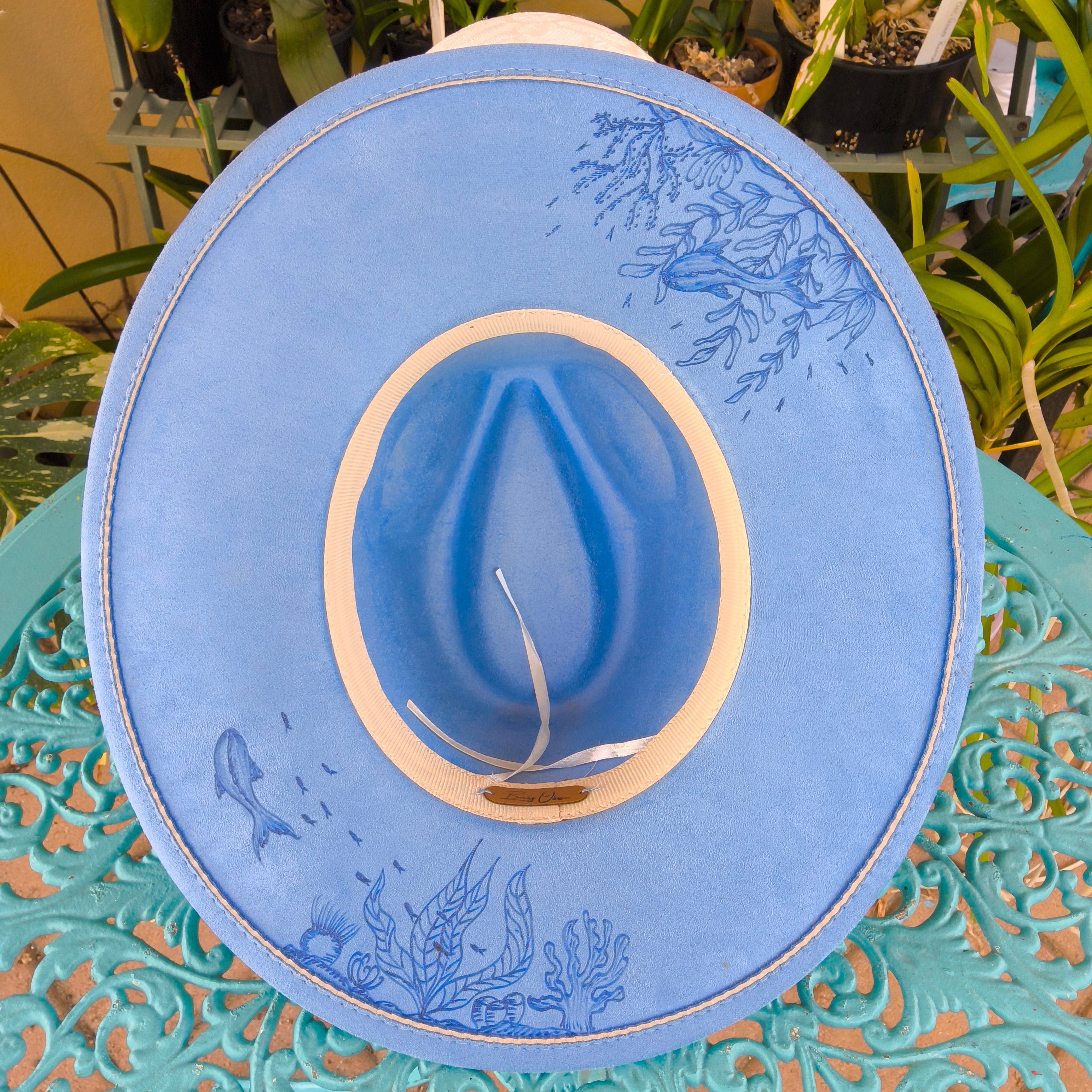 Hand burnt fedora hat : "Deep Blue Dream"