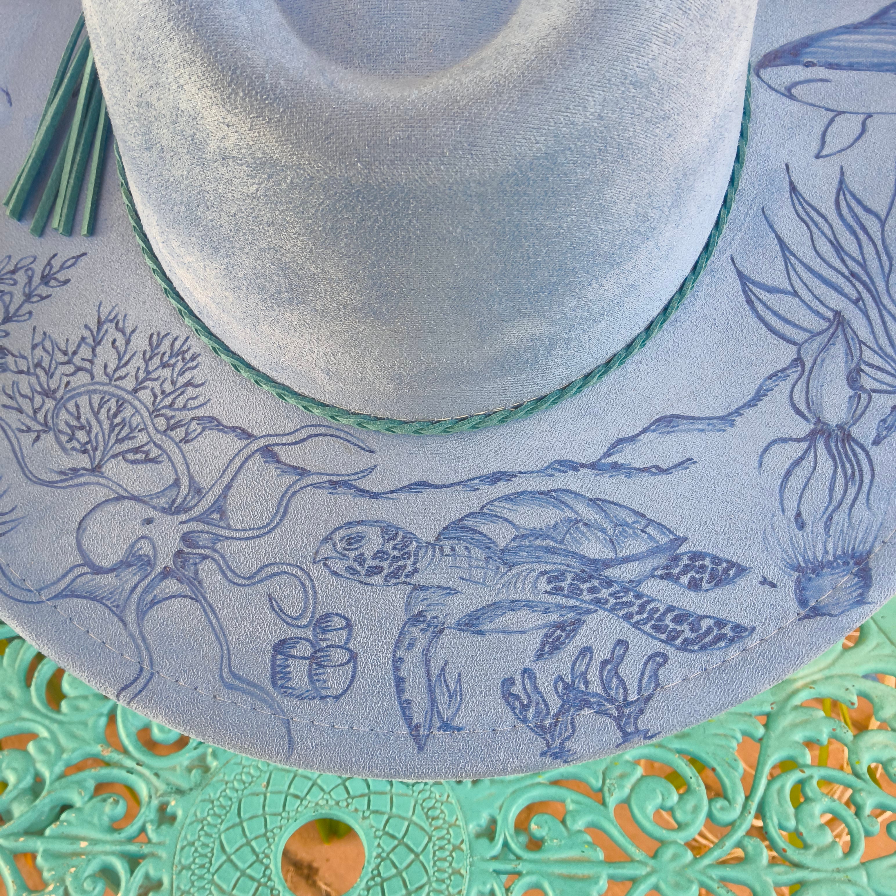 Hand burnt fedora hat : "Deep Blue Dream"