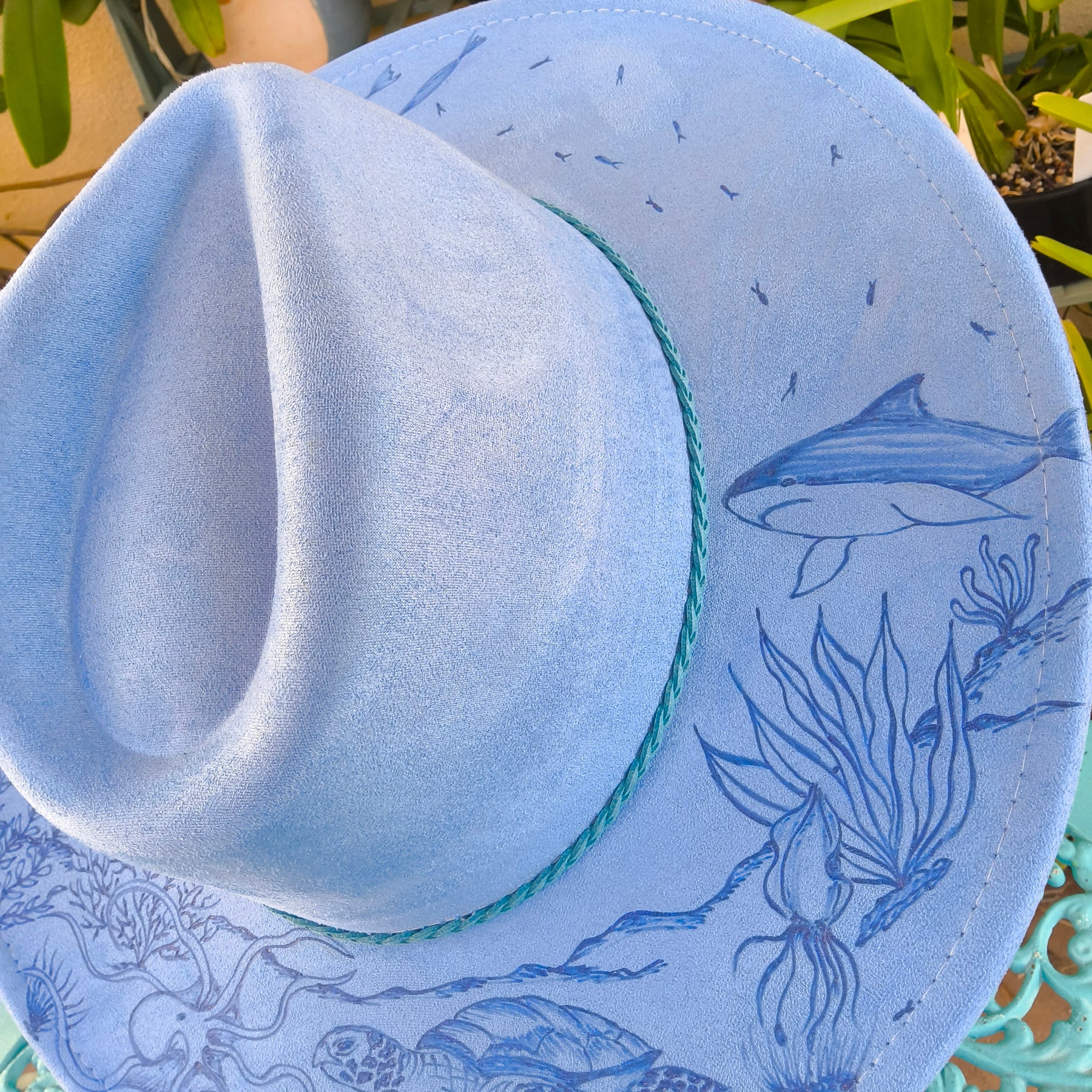 Hand burnt fedora hat : "Deep Blue Dream"