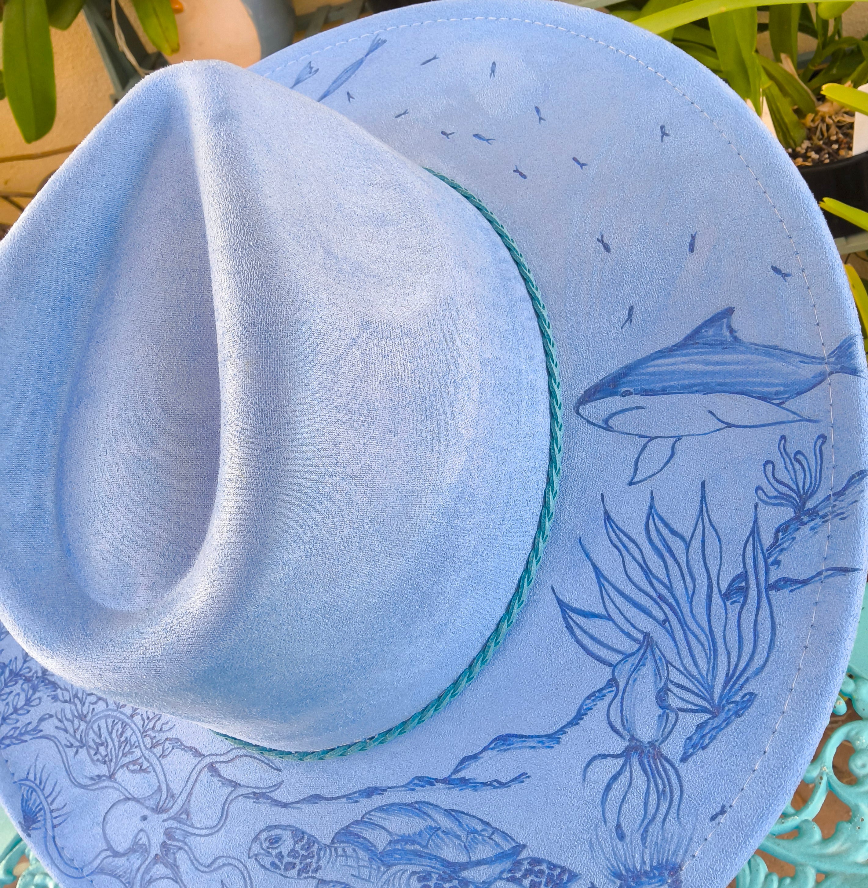 Hand burnt fedora hat : "Deep Blue Dream"