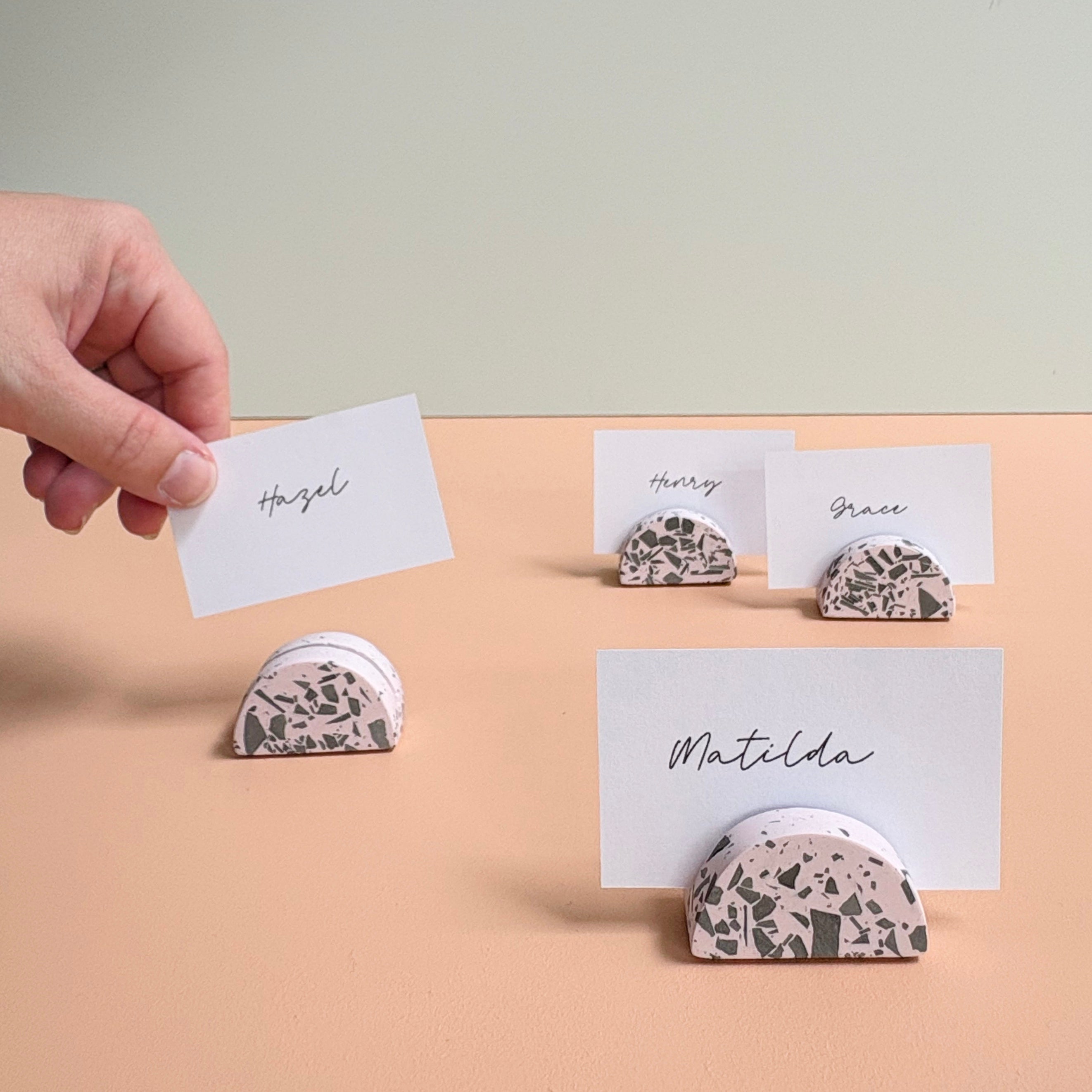 event name card holders, pink and black, business card holders