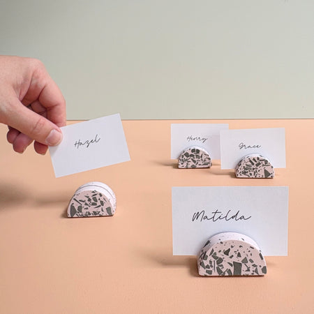 event name card holders, pink and black, business card holders