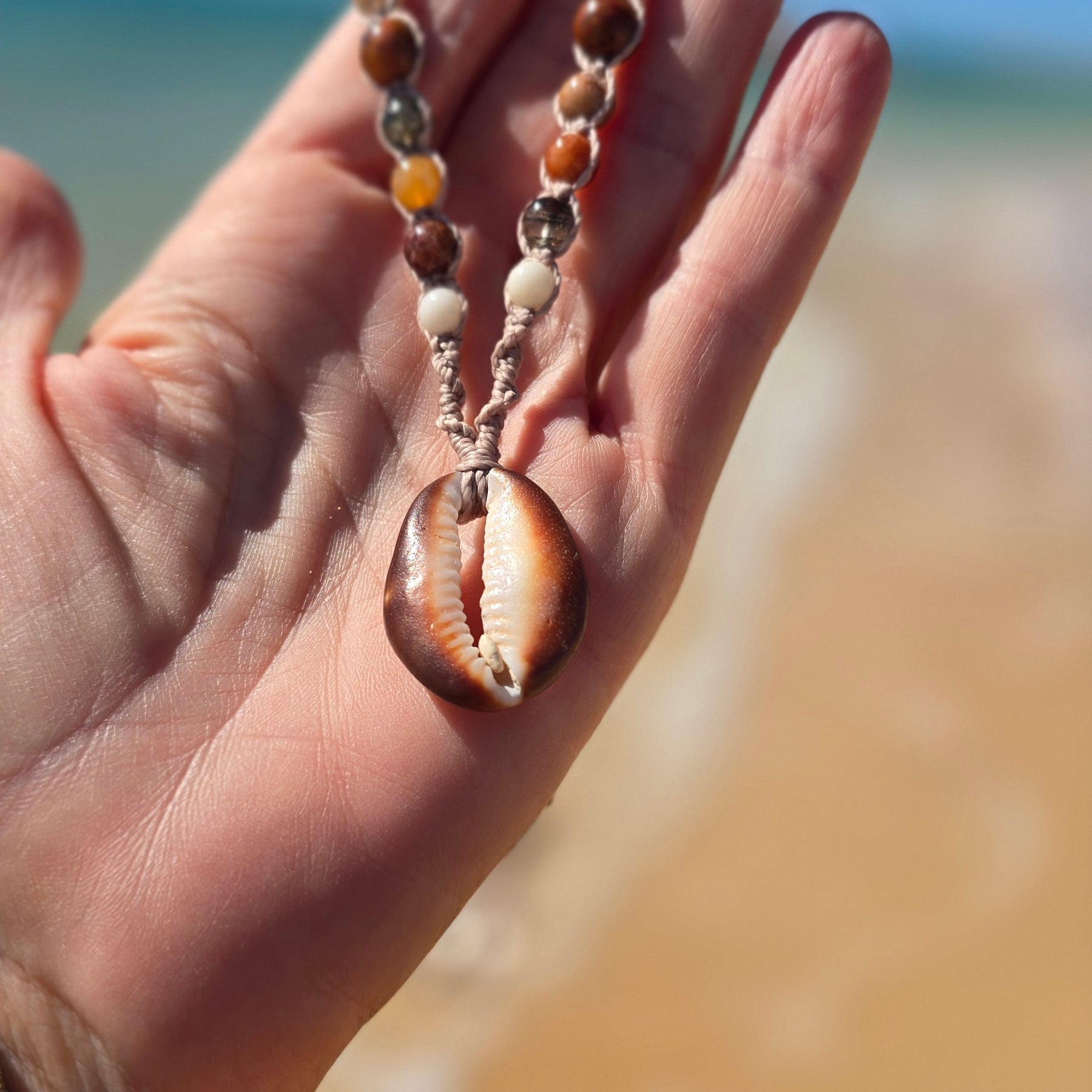 Cowrie Shell and Ocean Agate macrame Necklace