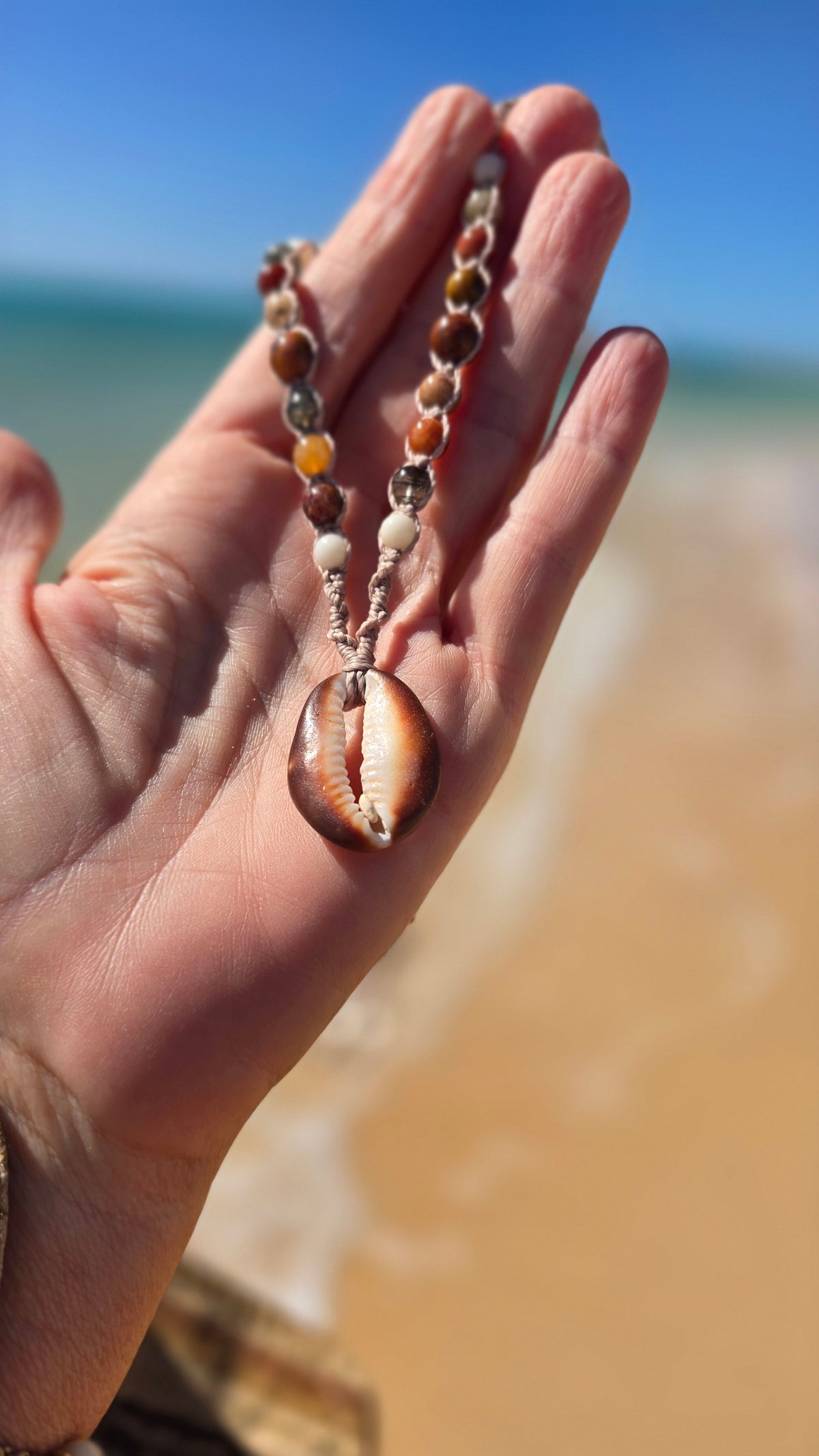 Cowrie Shell and Ocean Agate macrame Necklace
