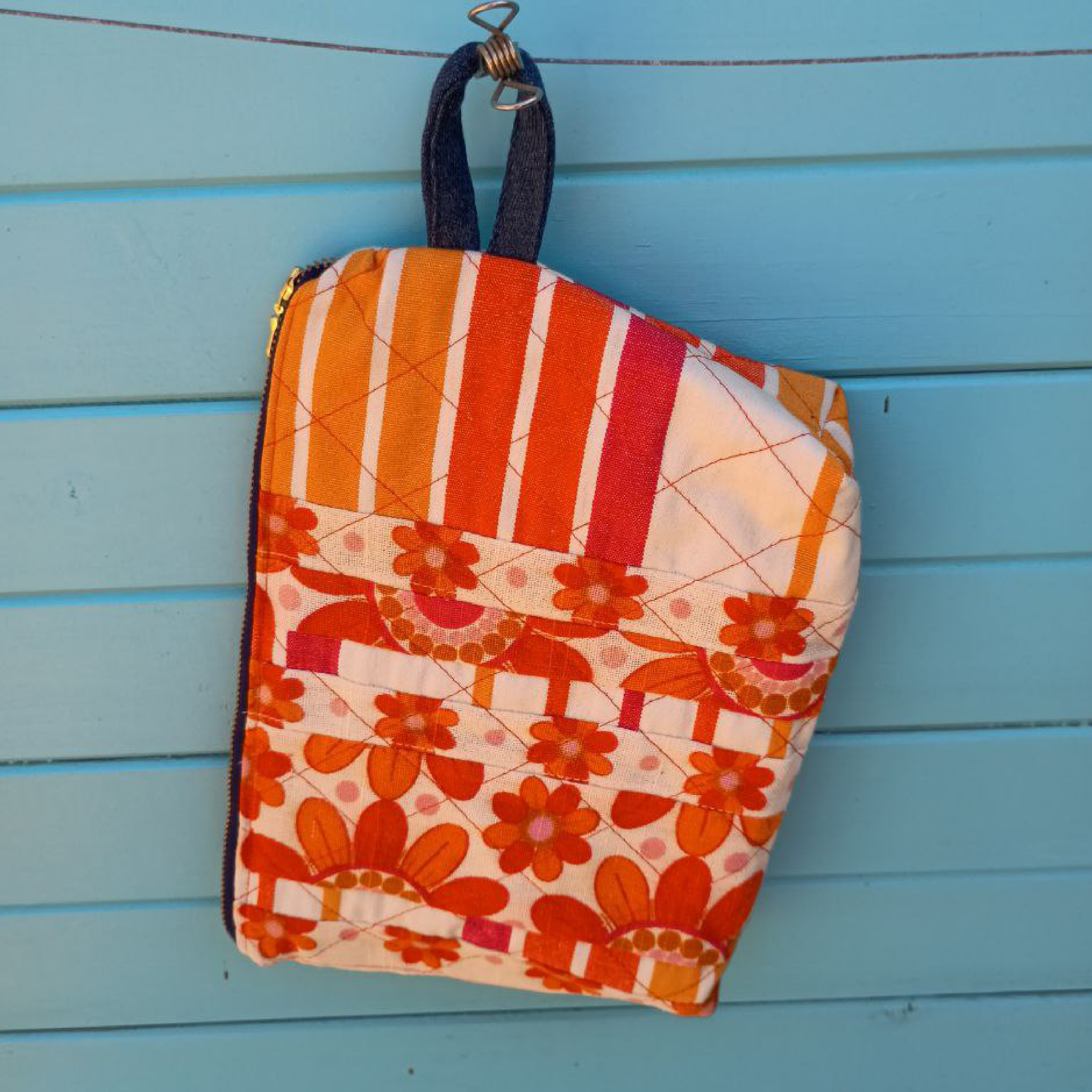 Quilted Tangerine Pouch Cosmetic Everyday Bag Upcycled Vintage Fabrics & Denim