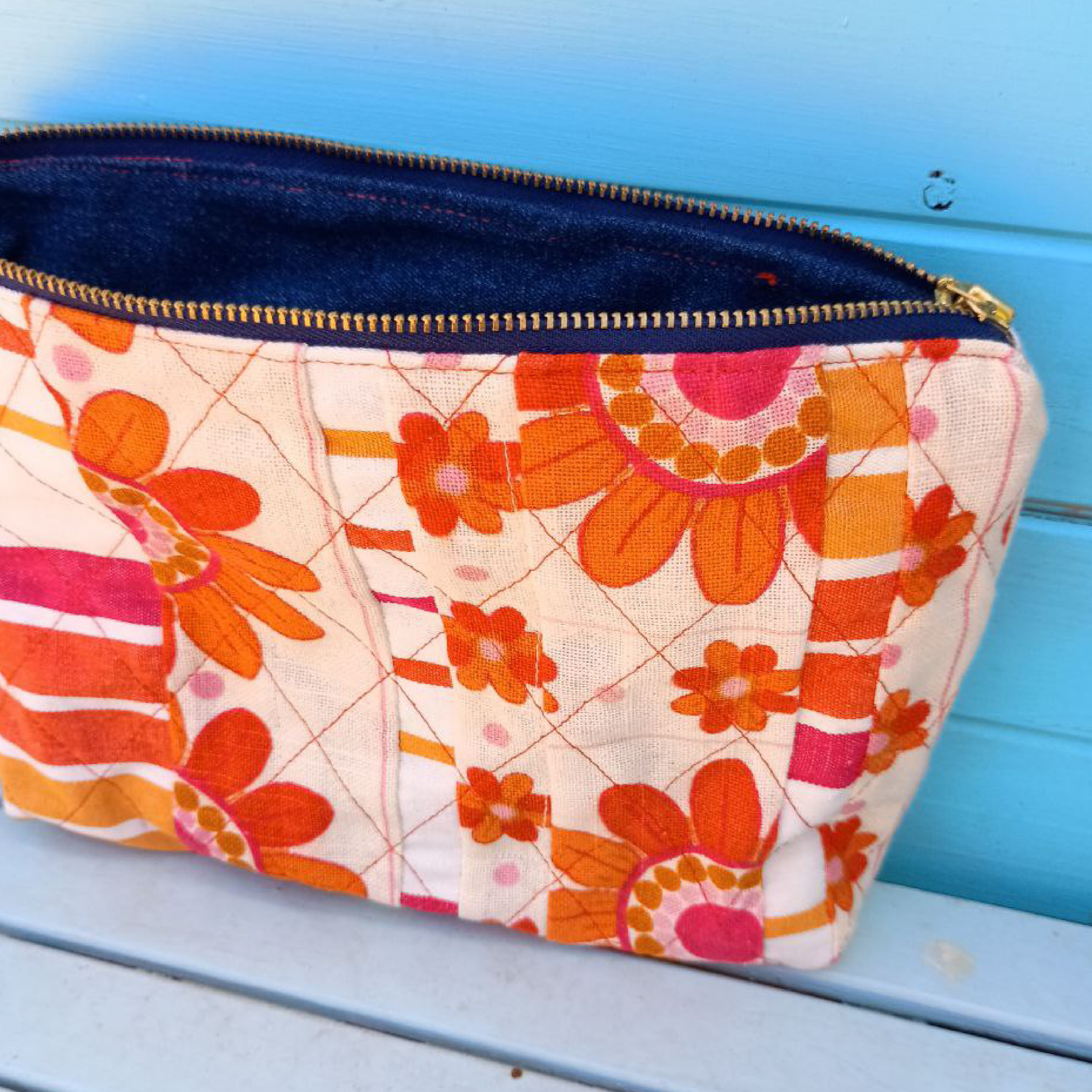 Quilted Tangerine Pouch Cosmetic Everyday Bag Upcycled Vintage Fabrics & Denim