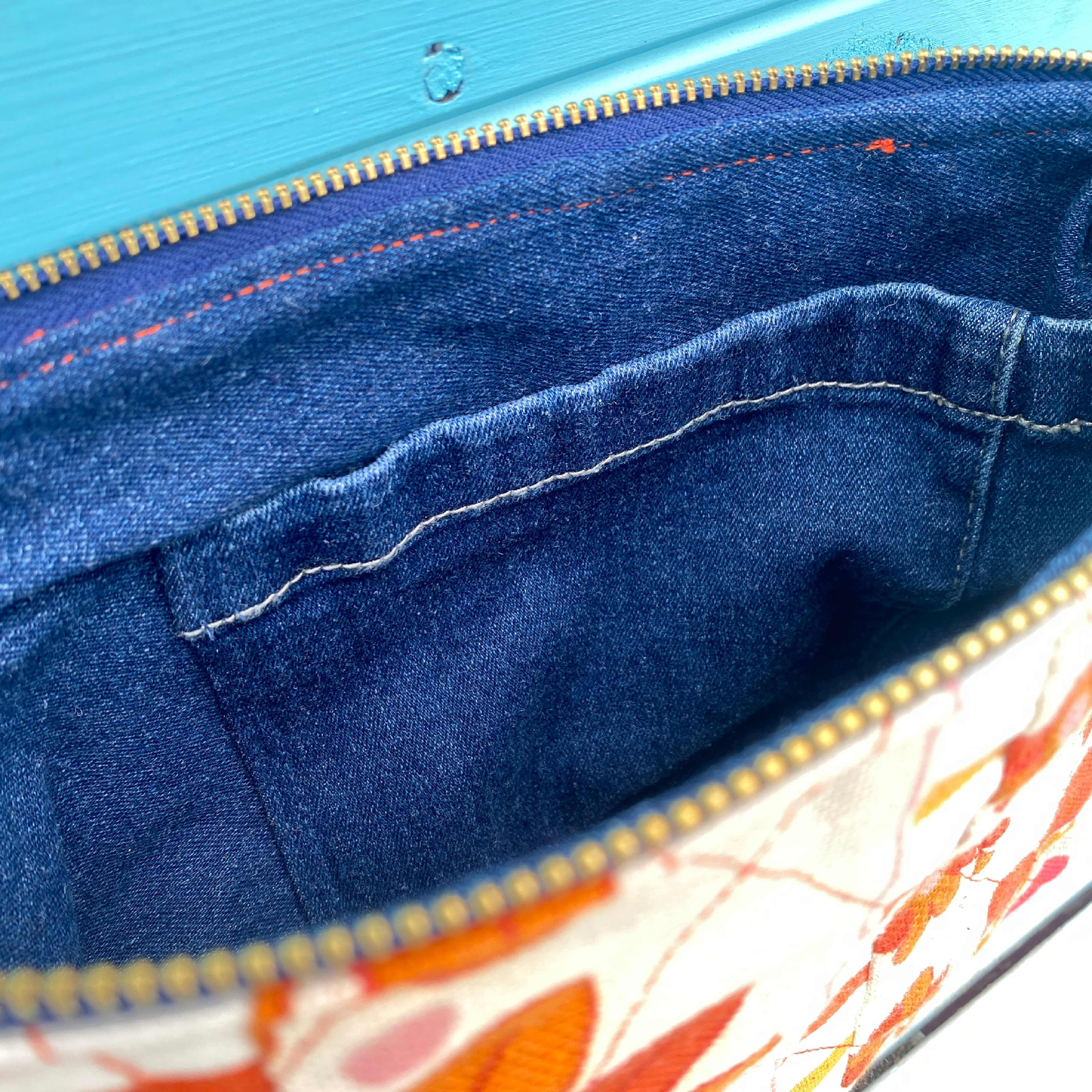 Quilted Tangerine Pouch Cosmetic Everyday Bag Upcycled Vintage Fabrics & Denim