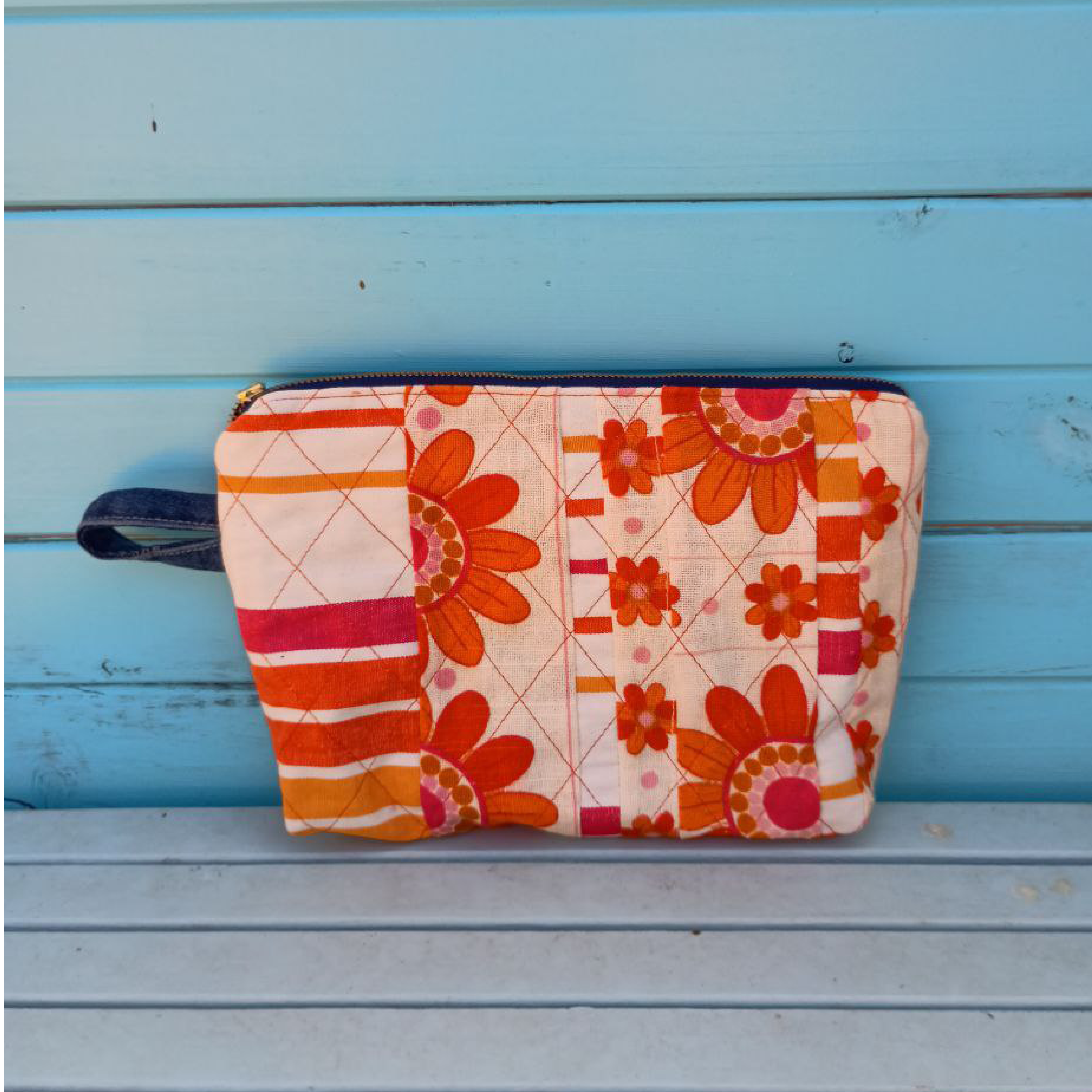 Quilted Tangerine Pouch Cosmetic Everyday Bag Upcycled Vintage Fabrics & Denim