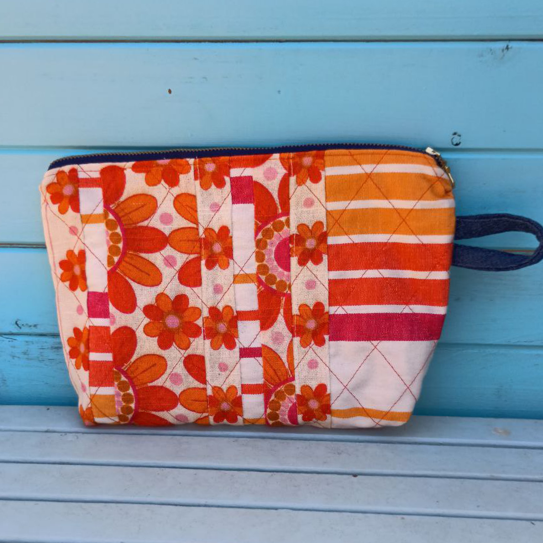 Quilted Tangerine Pouch Cosmetic Everyday Bag Upcycled Vintage Fabrics & Denim