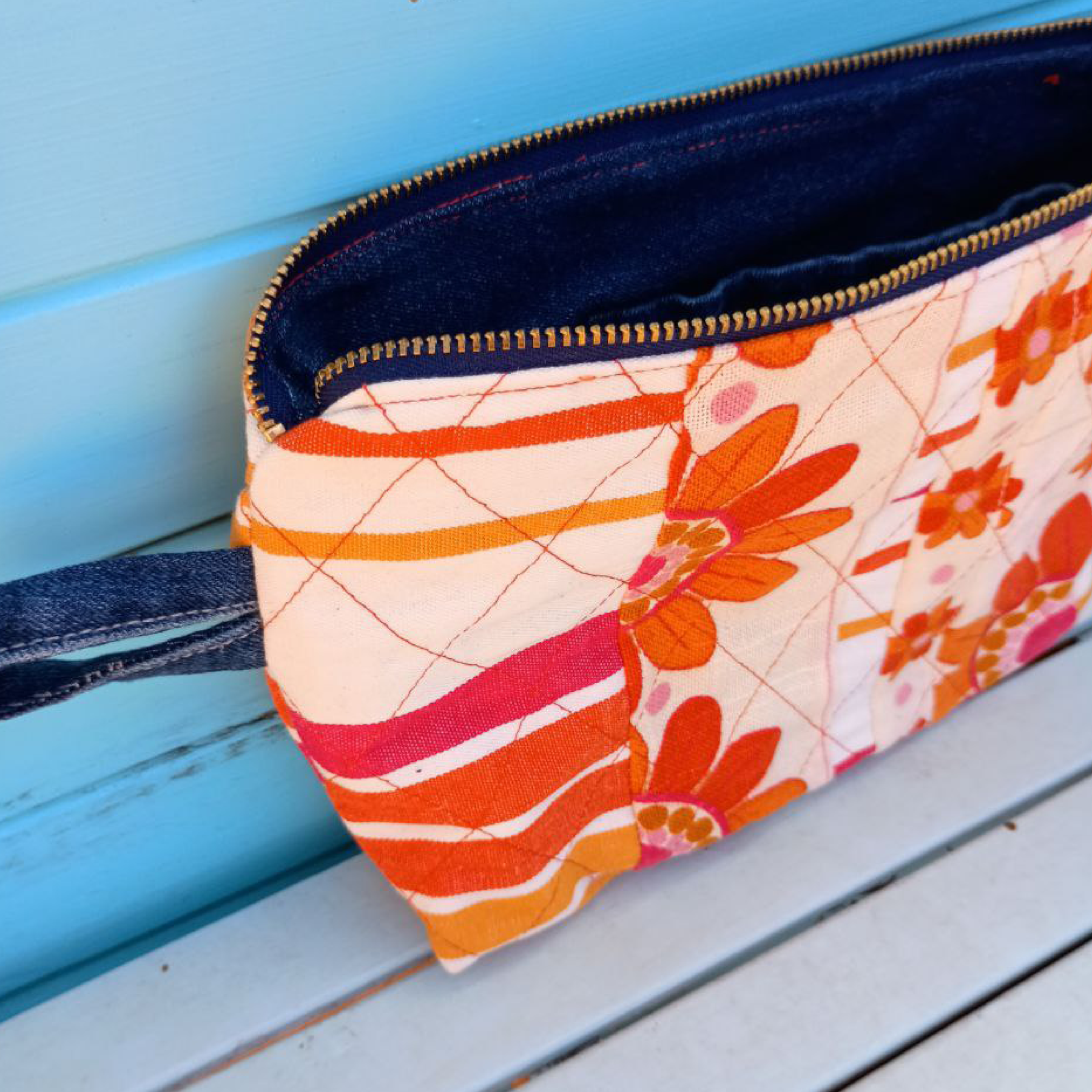 Quilted Tangerine Pouch Cosmetic Everyday Bag Upcycled Vintage Fabrics & Denim
