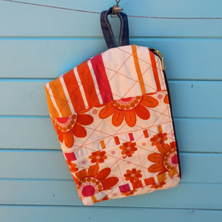 Quilted Tangerine Pouch Cosmetic Everyday Bag Upcycled Vintage Fabrics & Denim