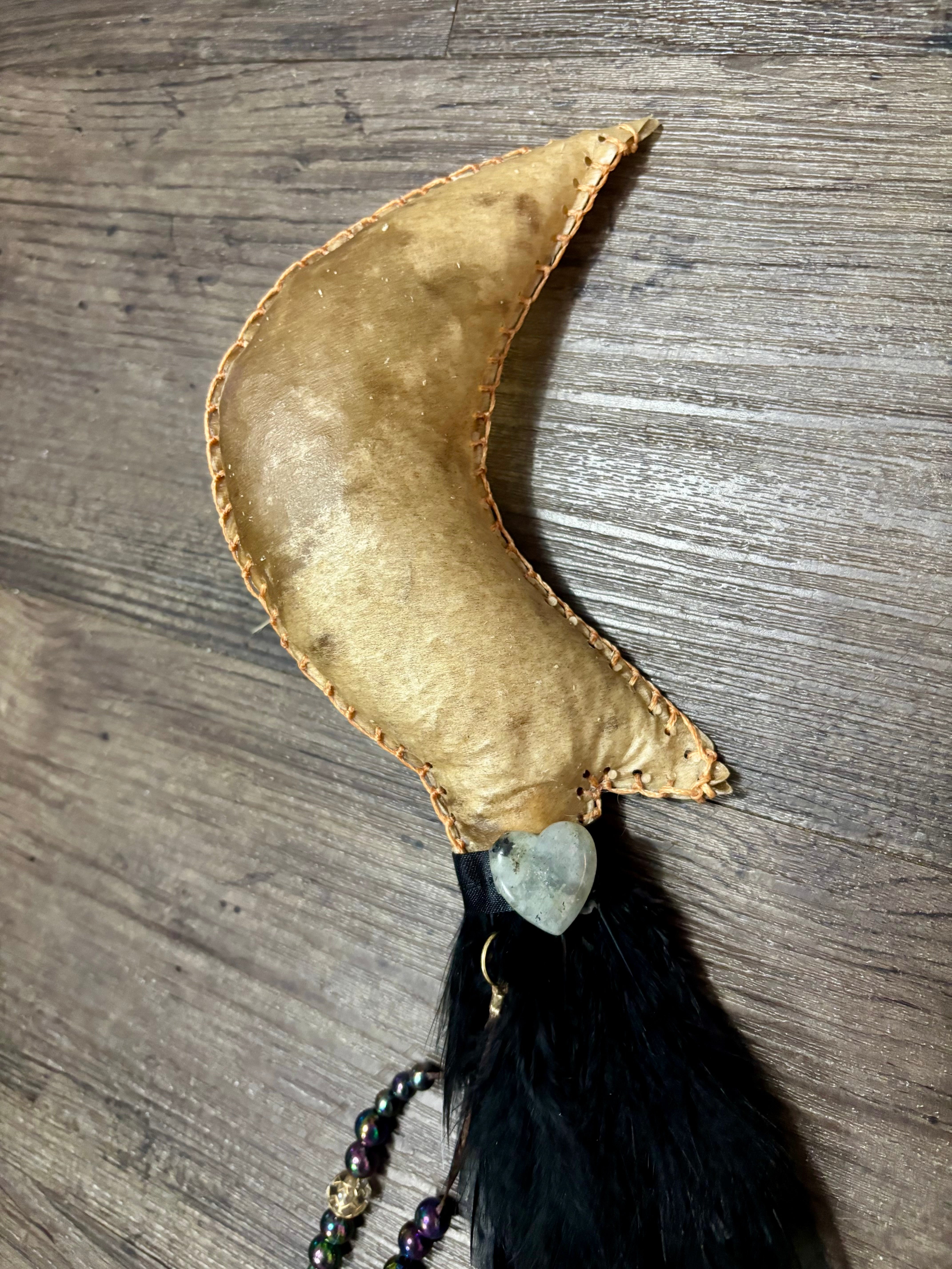 Handmade Kangaroo Hide Rattle – One of a Kind Moon shape
