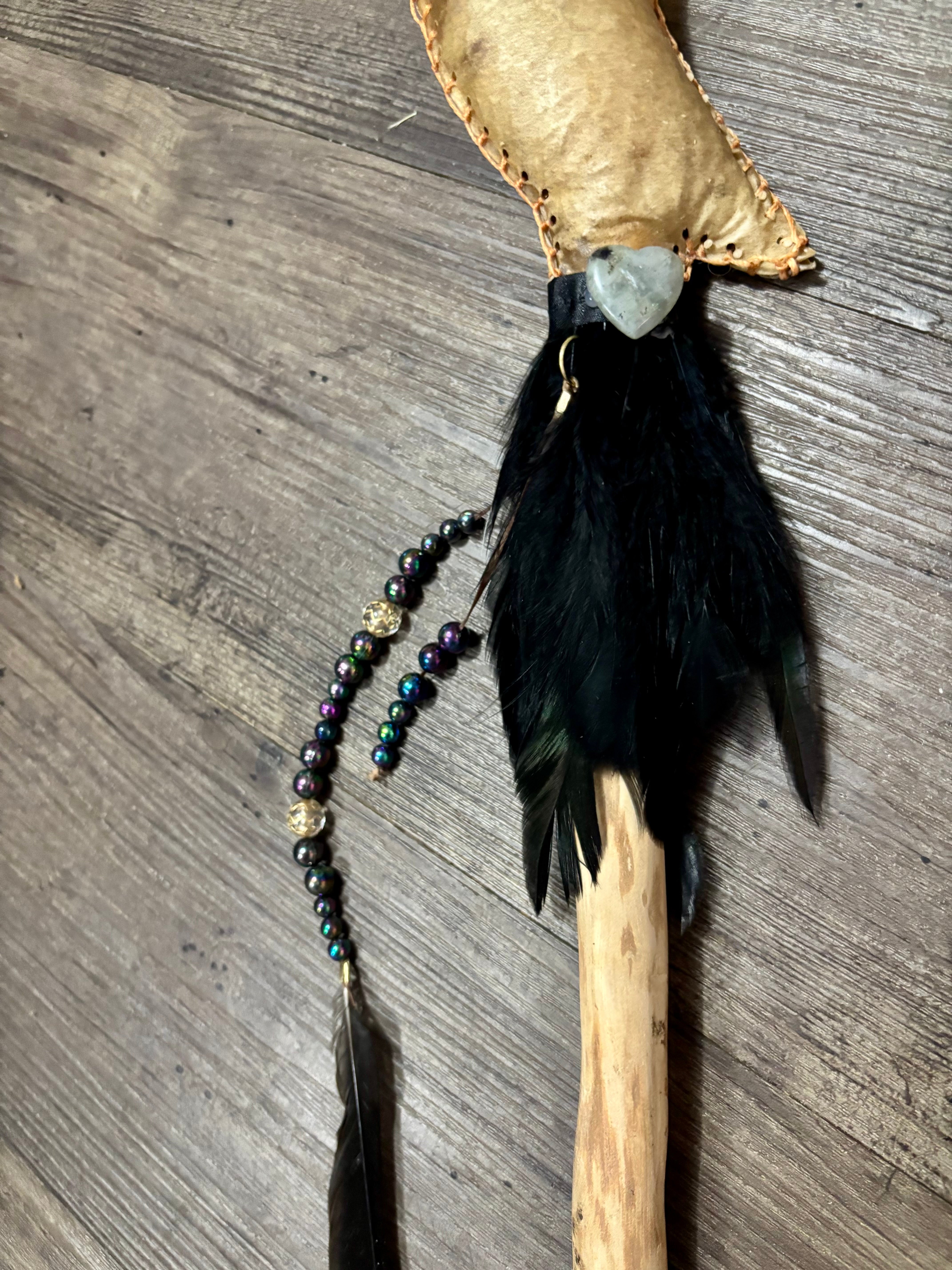 Handmade Kangaroo Hide Rattle – One of a Kind Moon shape