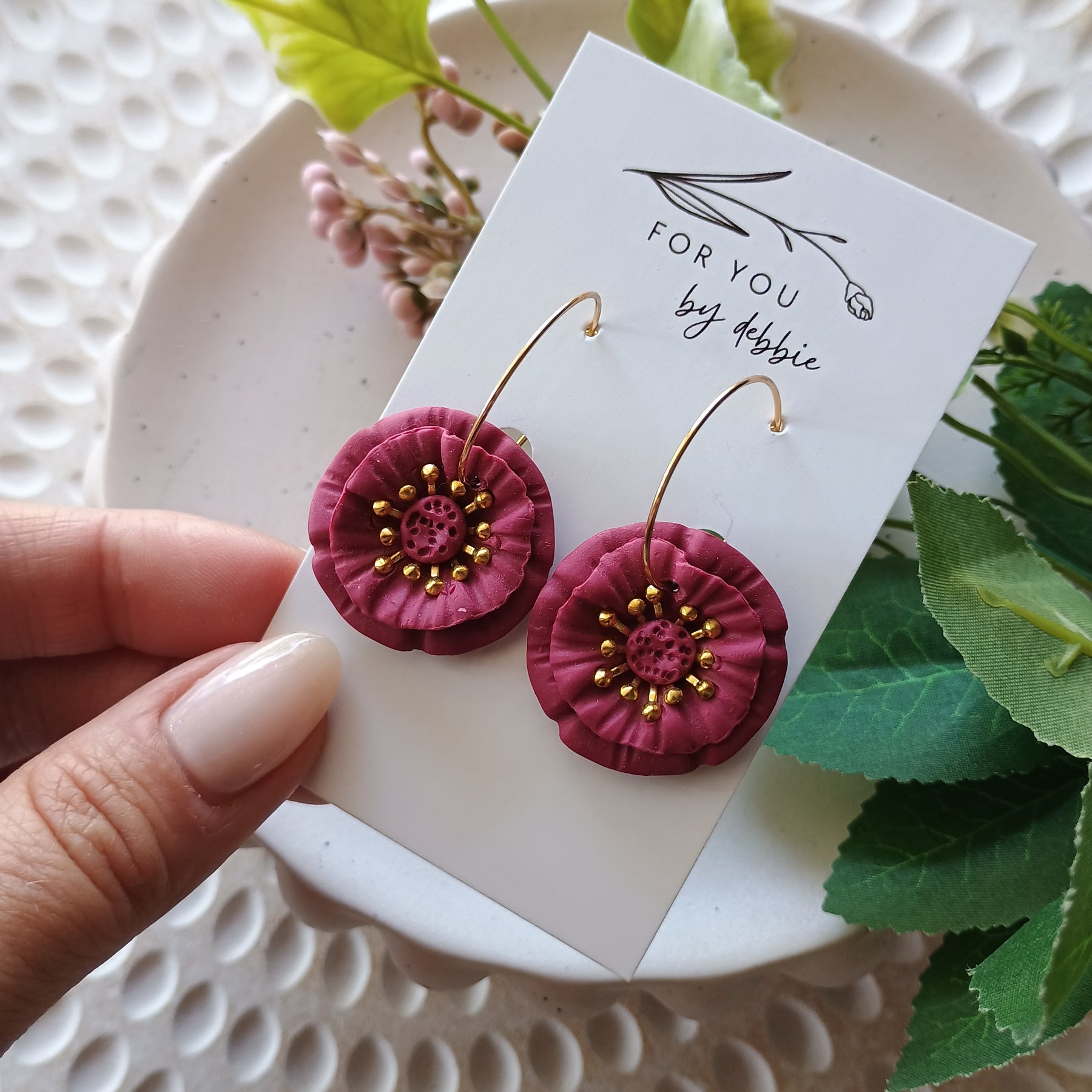 Gold and Burgundy flower hoop earrings