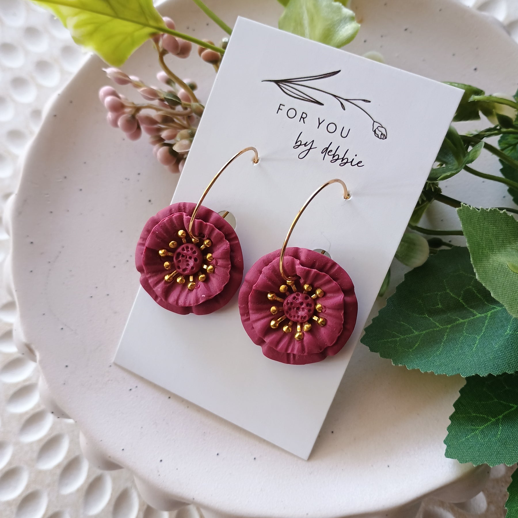 Gold and Burgundy flower hoop earrings