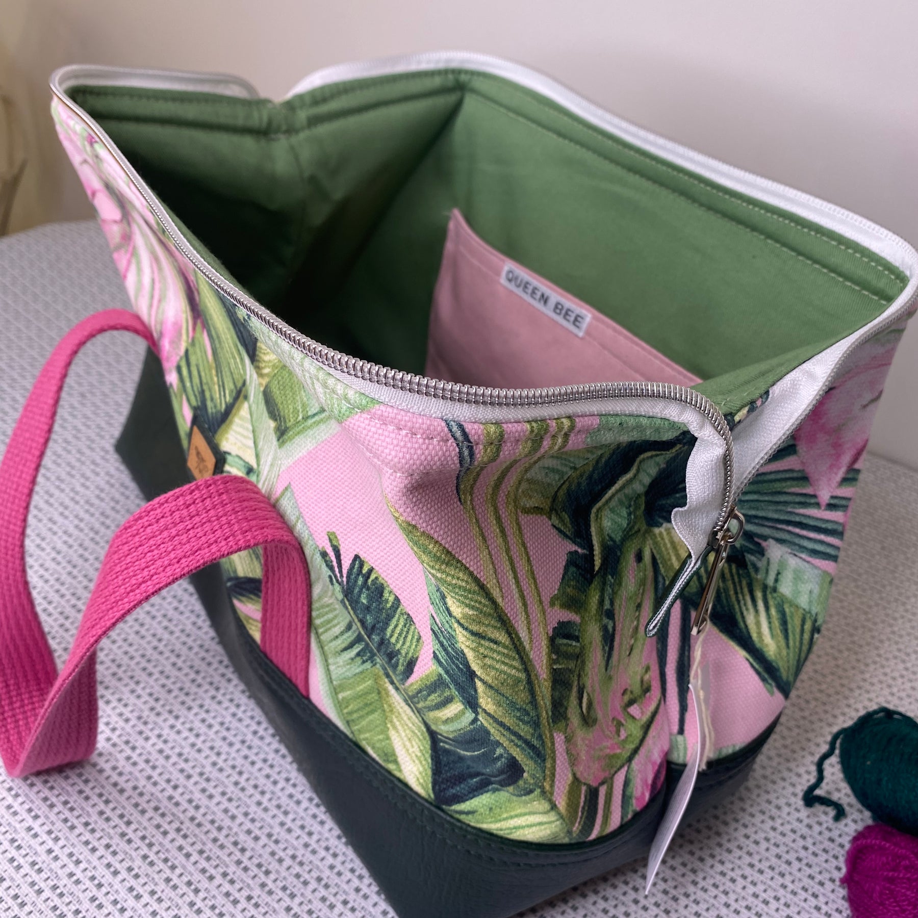 Project Bag - Leaves on Pink with a Dark Green Faux Leather Base
