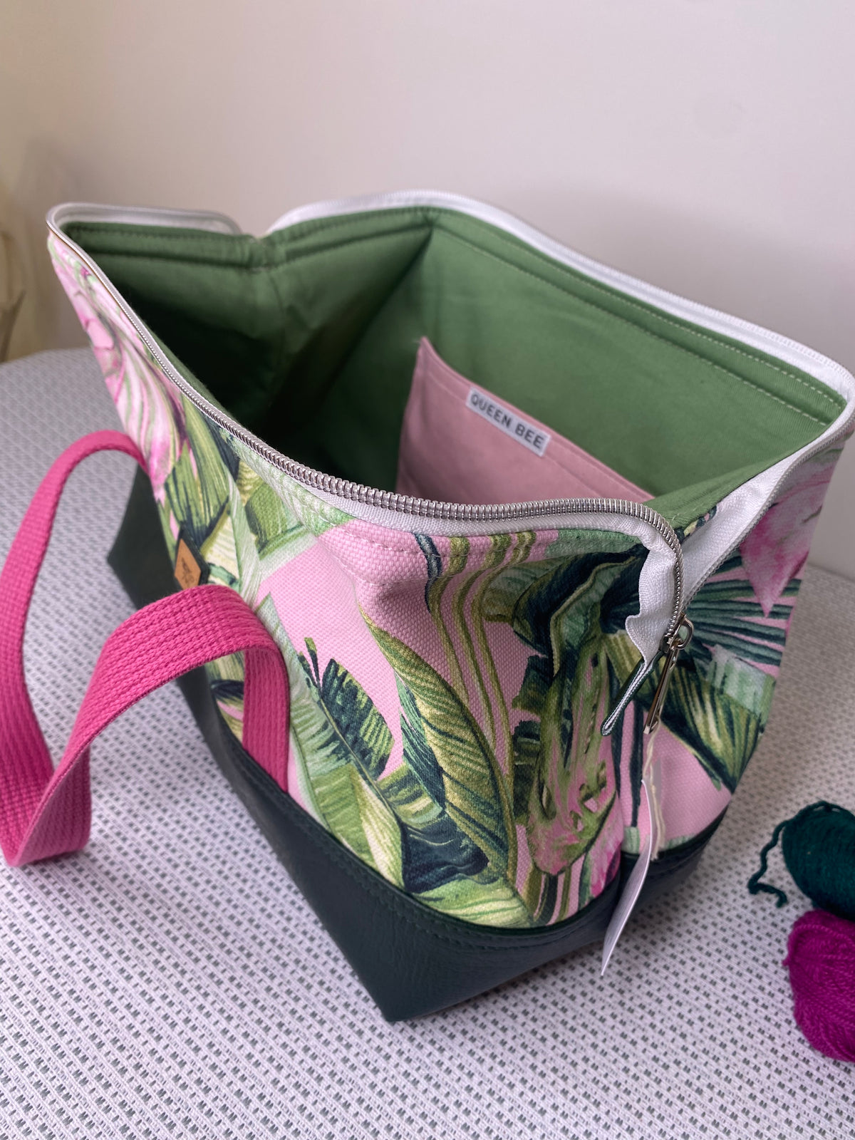 Project Bag - Leaves on Pink with a Dark Green Faux Leather Base