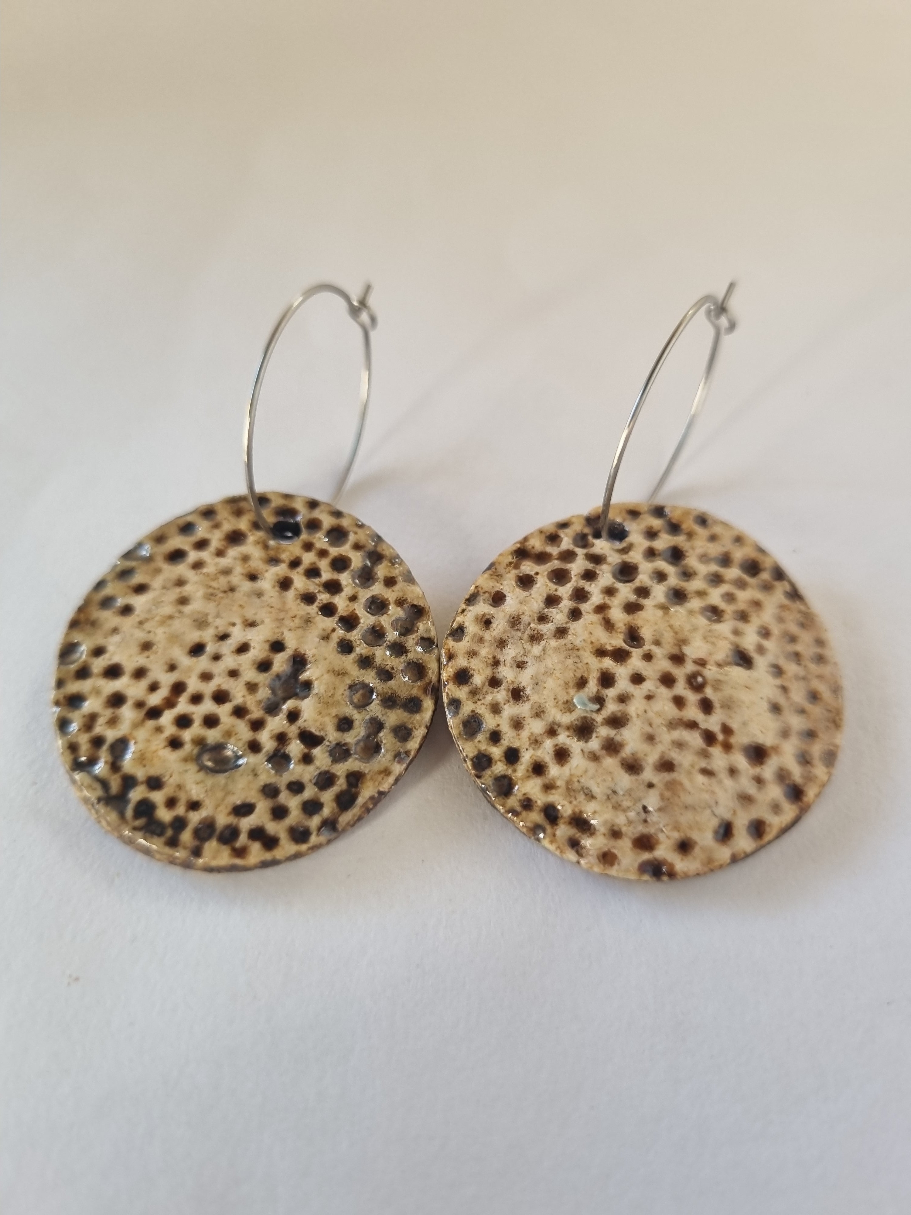 Handmade Stoneware Ceramic Earrings, natural tones multi-coloured, 35mm diameter, pierced ears