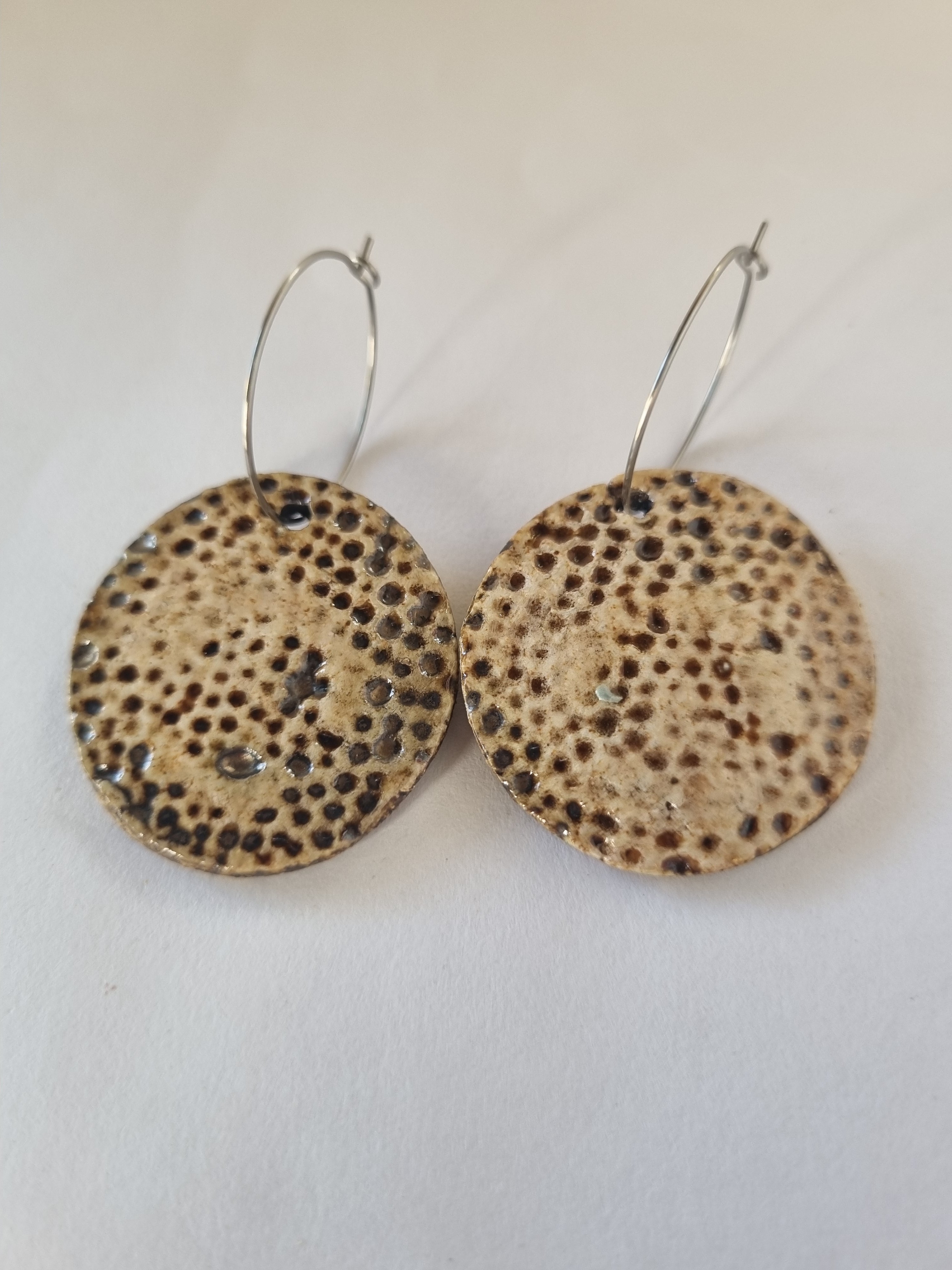 Handmade Stoneware Ceramic Earrings, natural tones multi-coloured, 35mm diameter, pierced ears