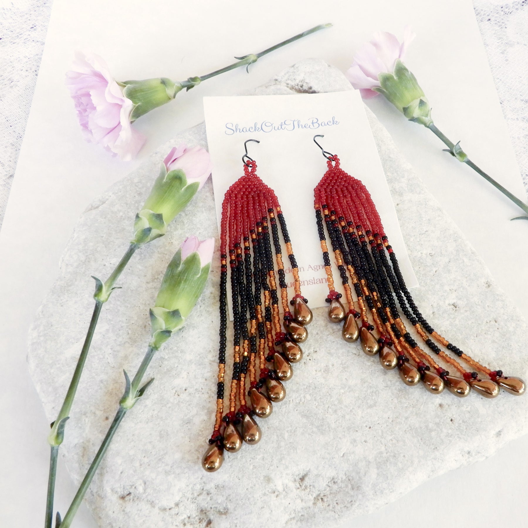 Dark Red Beaded Swing Fringe Earrings