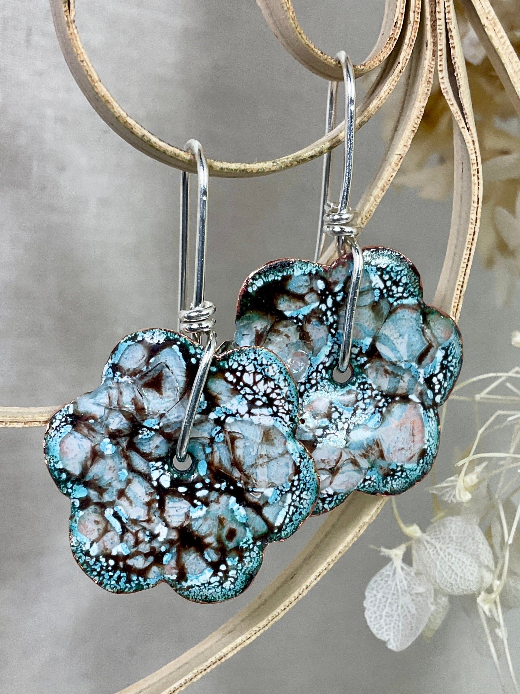 Blue flower earrings. Enamel earrings. Handmade