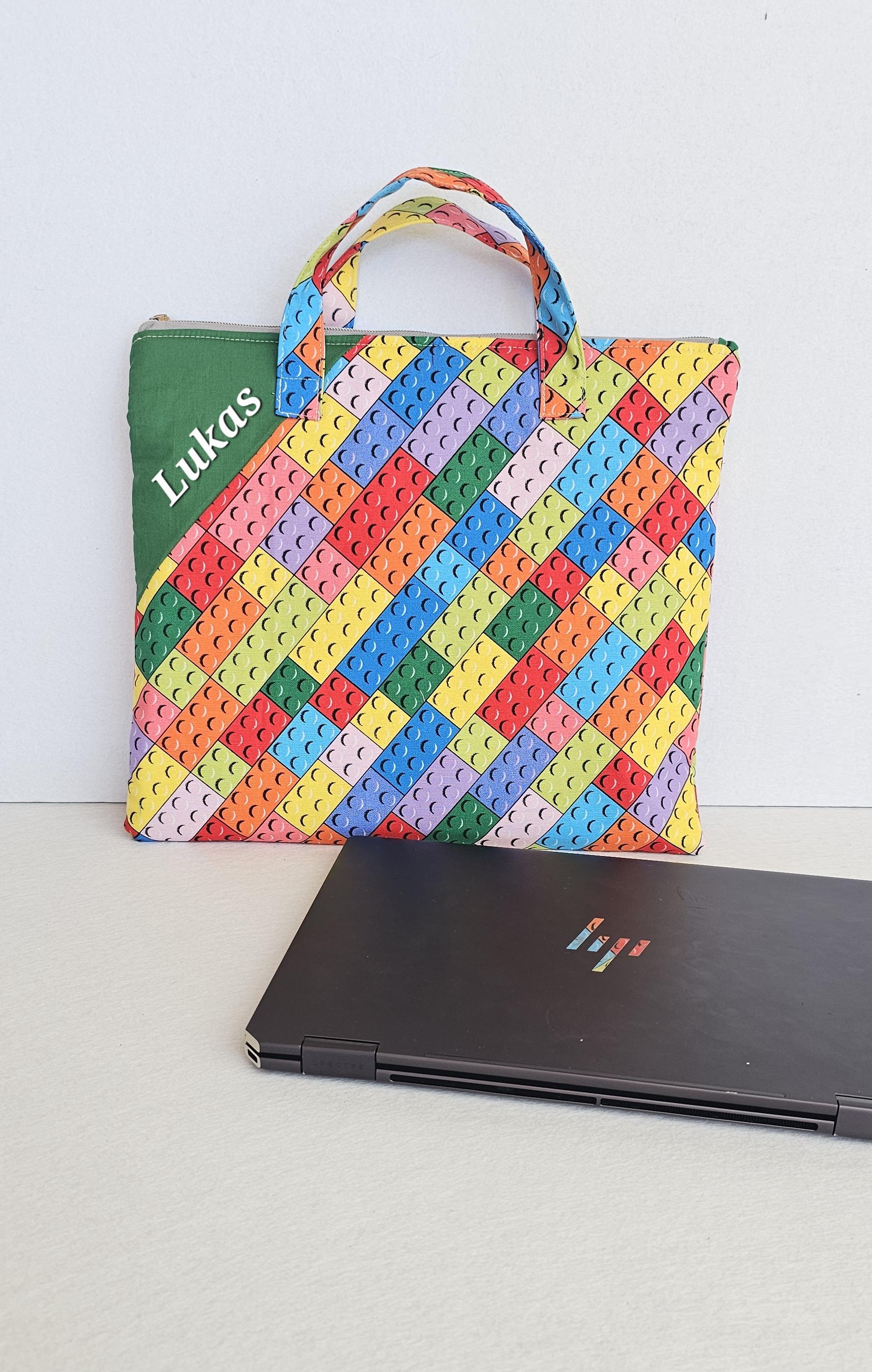 Personalized Lego inspired library and laptop bag with glow-in-the-dark name