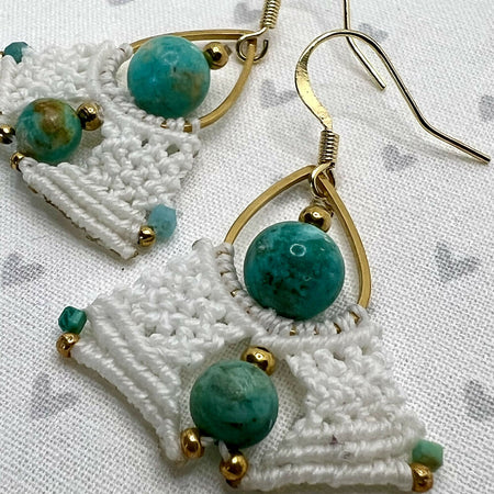 White lace & Turquoise Gemstone Micro Macrame Earrings +Free microfibre pouch