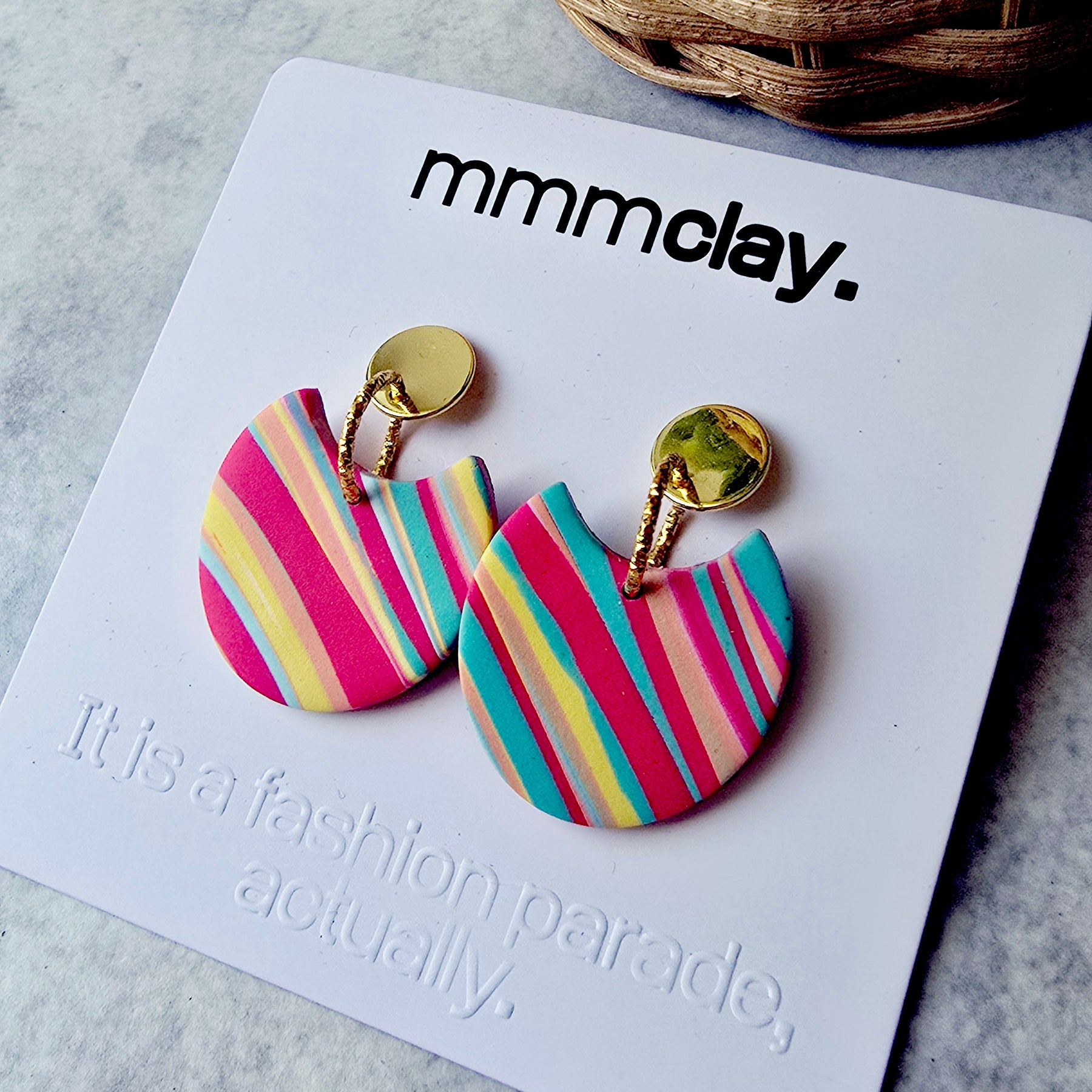 Multicolour Striped Polymer Clay Statement Drop Earrings | 9K Gold Plated