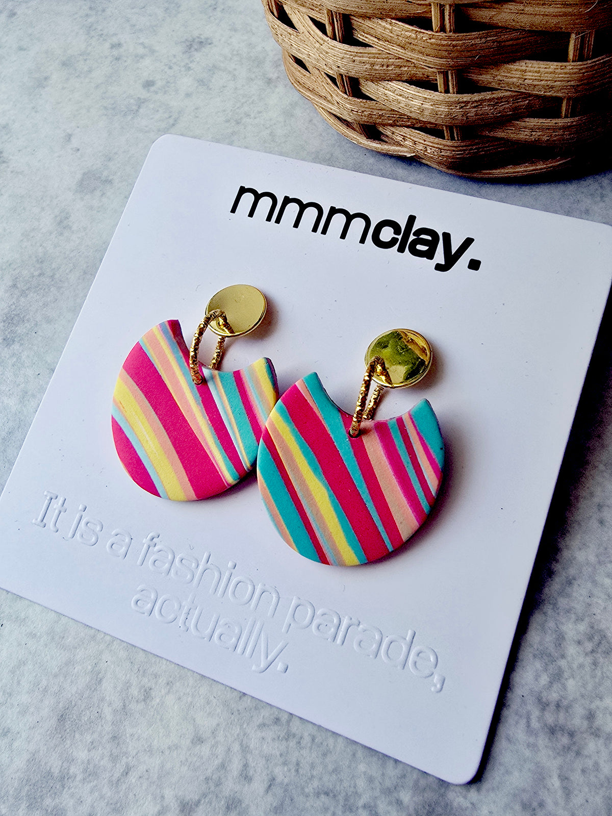 Multicolour Striped Polymer Clay Statement Drop Earrings | 9K Gold Plated
